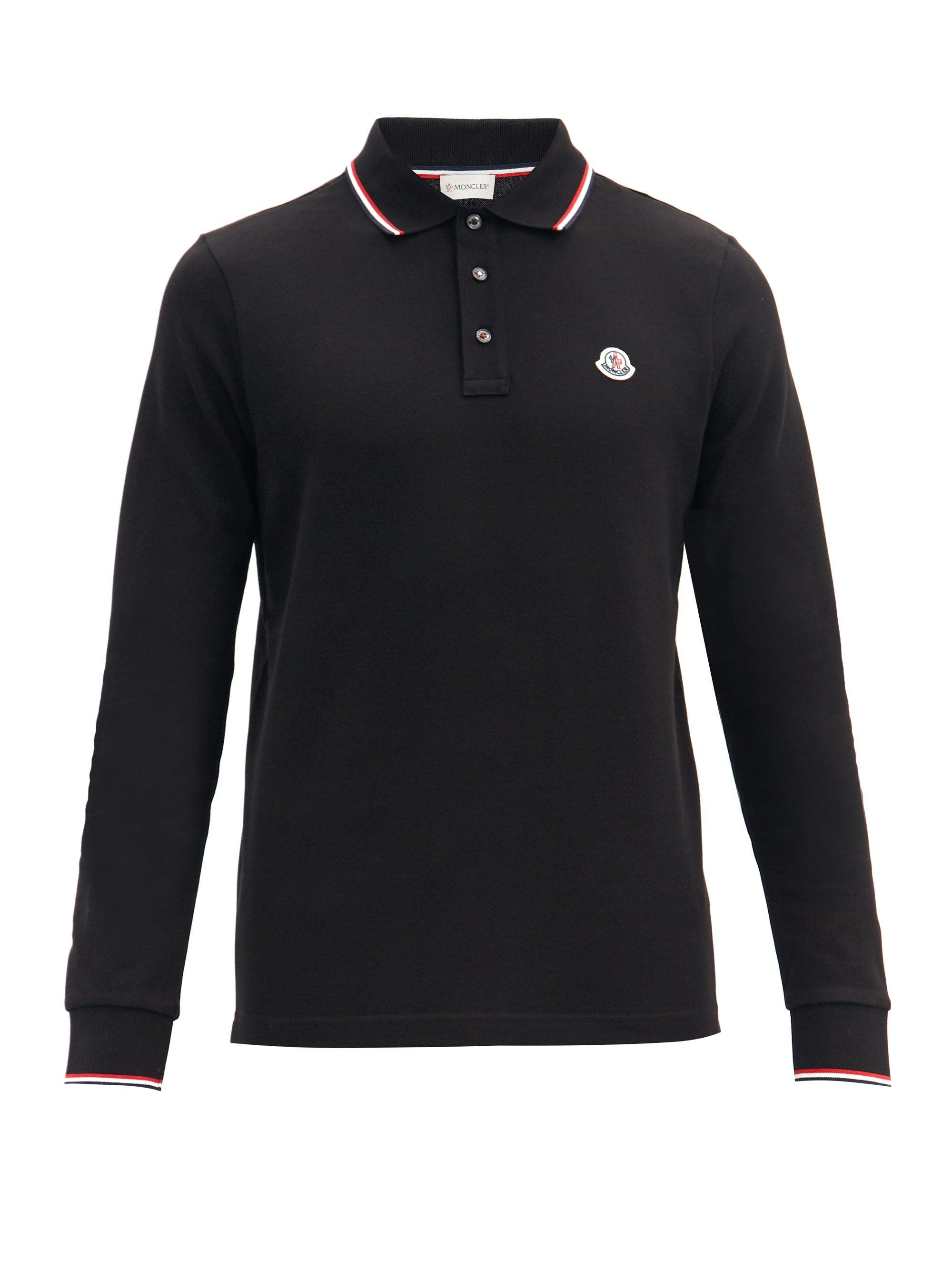 Moncler Logo Cotton-piqué Long-sleeved Polo Shirt in Black for Men - Lyst