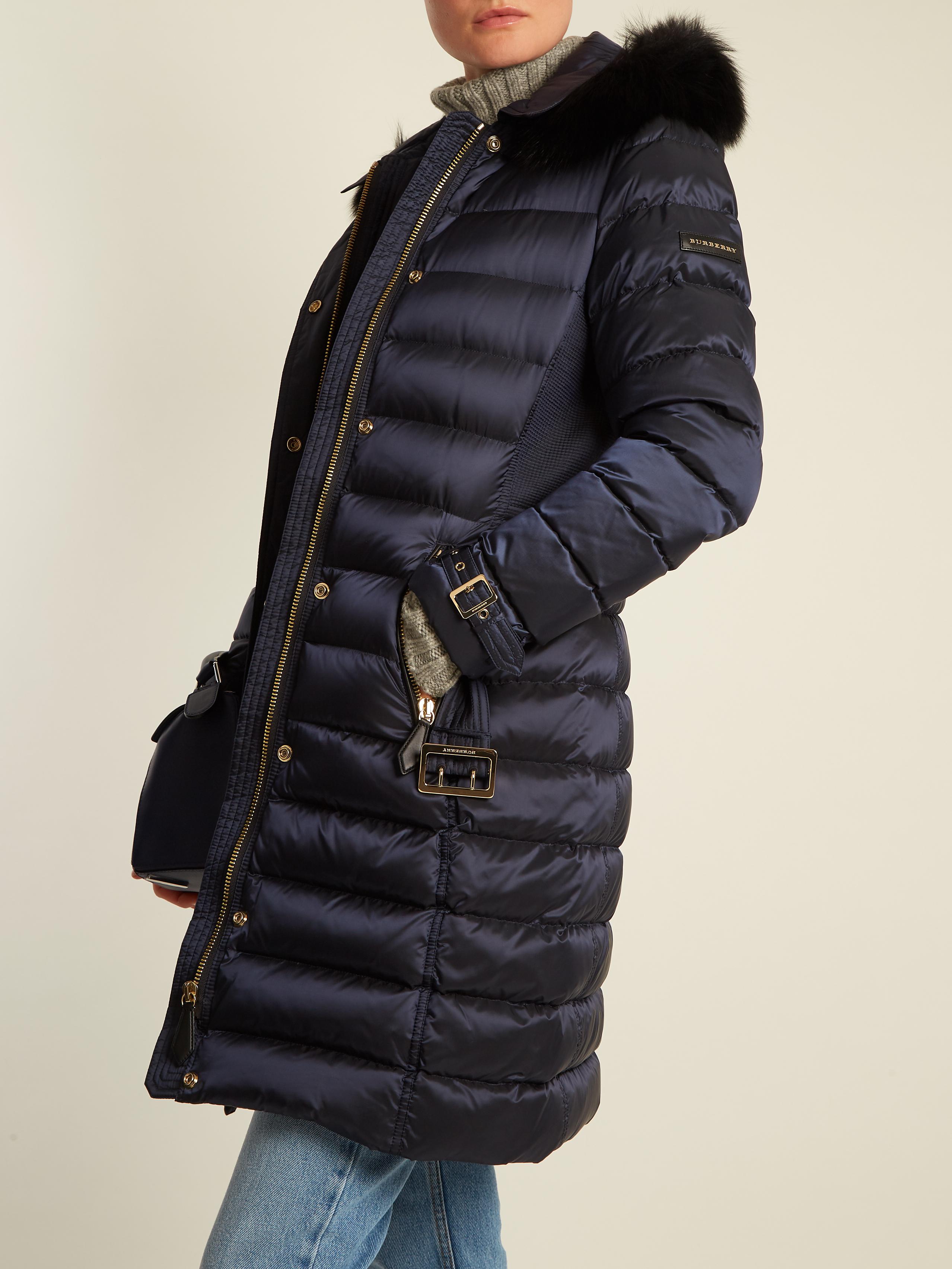 Burberry Ashmore Fur-trimmed Quilted Down Coat in Blue | Lyst