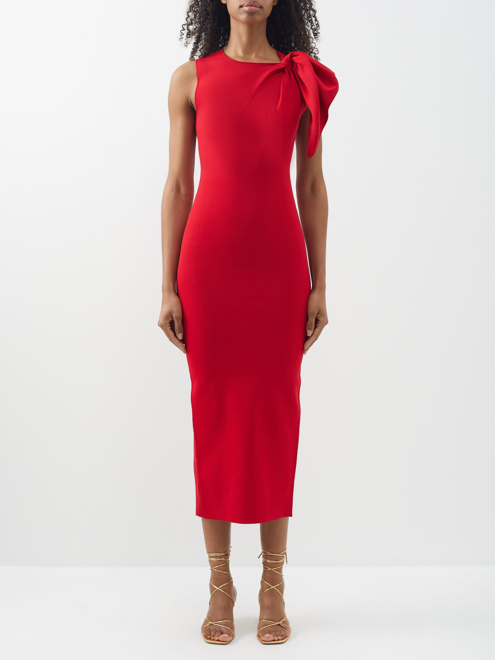 Roland Mouret Bow-shoulder Technical-knit Midi Dress in Red | Lyst