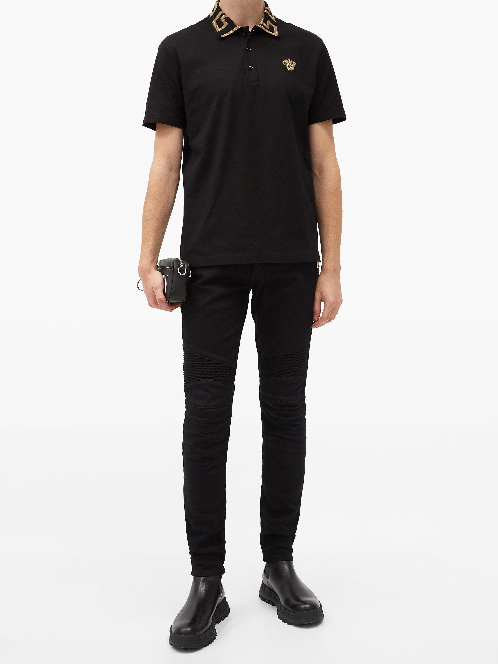 Versace Anagramcollar Cottonpiqué Polo Shirt in Black for Men Lyst