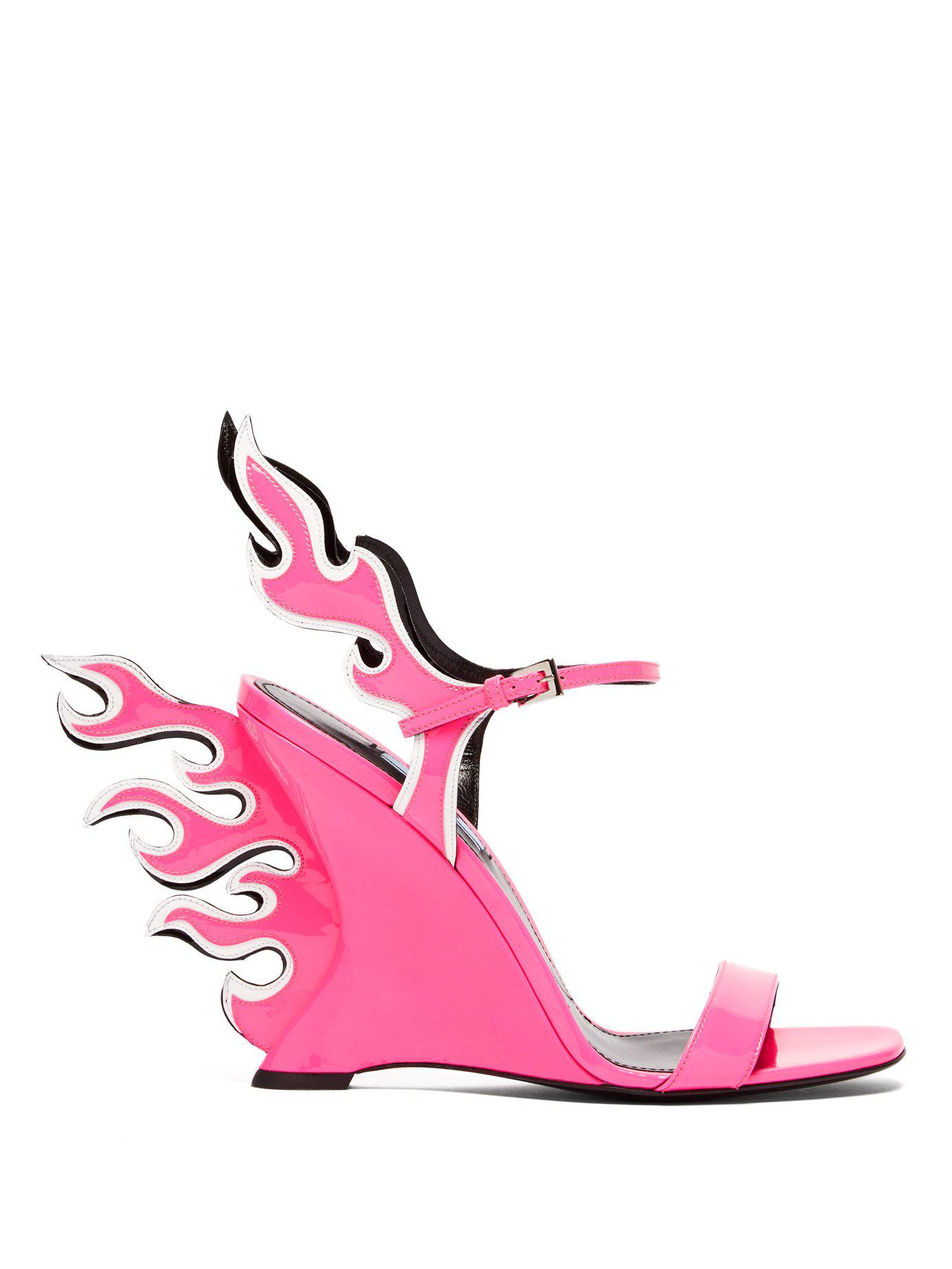 Prada Leather Flame Wedge Sandals in Pink | Lyst