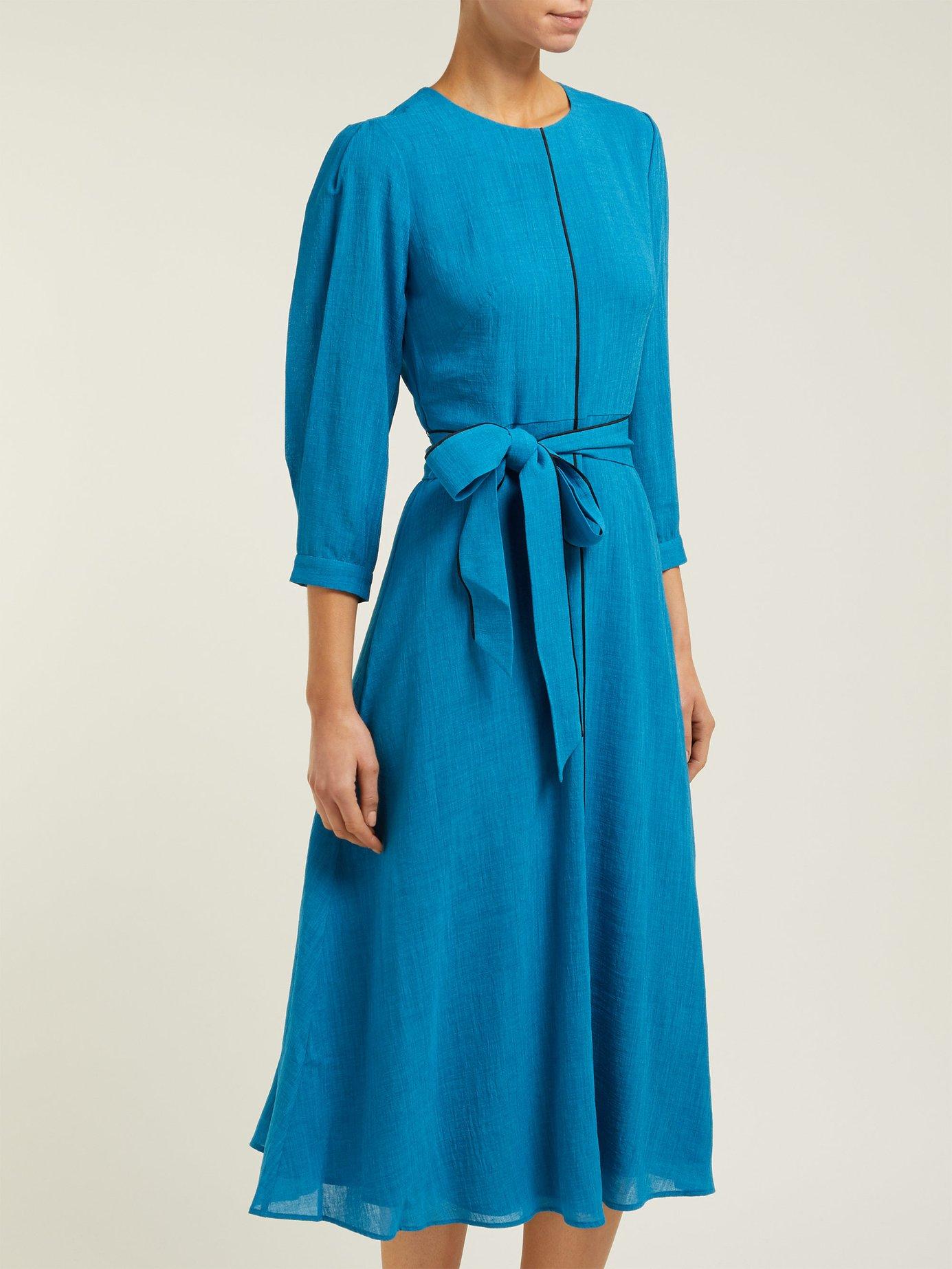 Cefinn Isabel Belted Woven Midi Dress in Turquoise (Blue) - Lyst