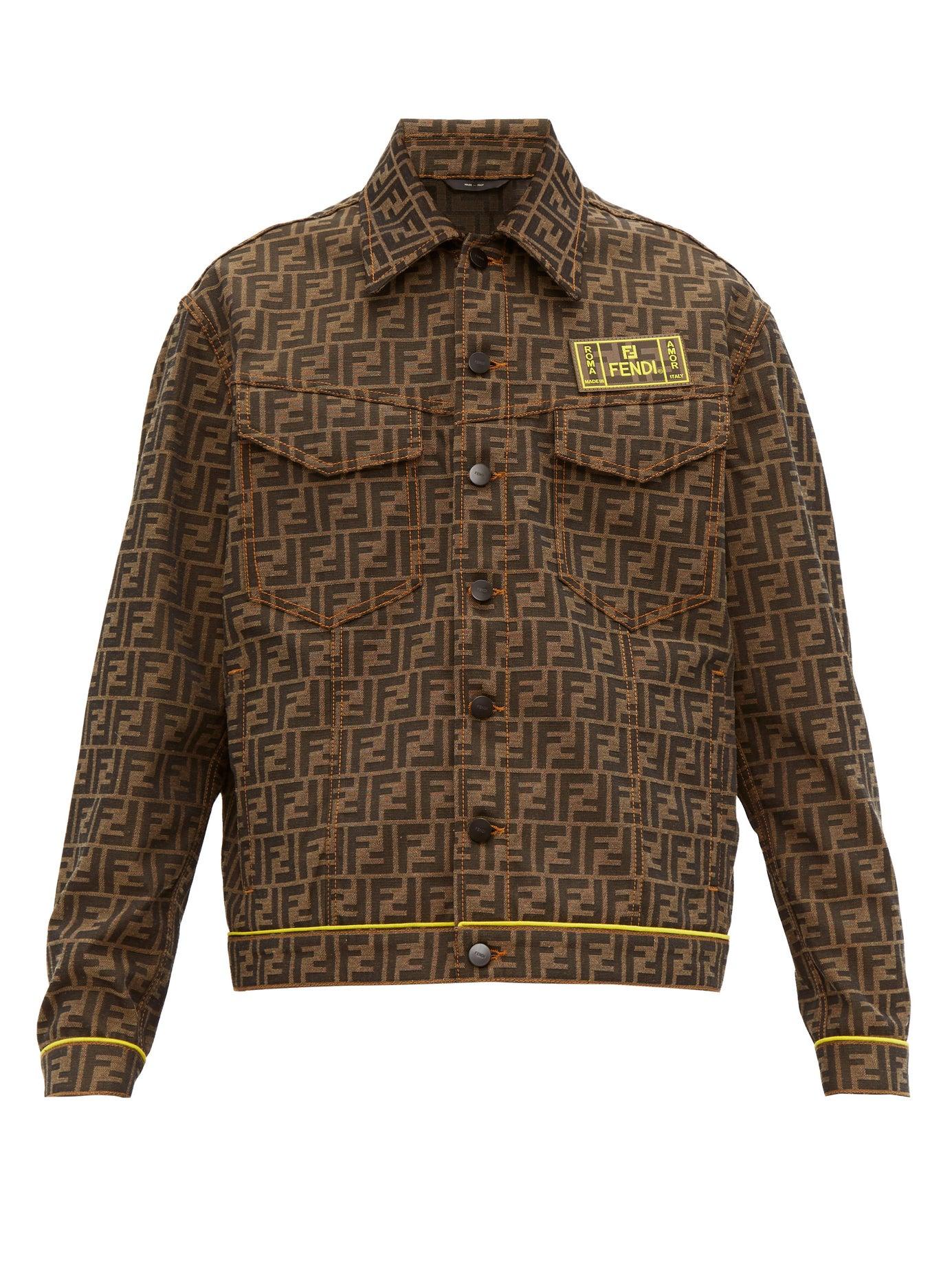 Fendi Logo Patch Ff Jacquard Canvas Jacket in Brown for Men - Lyst