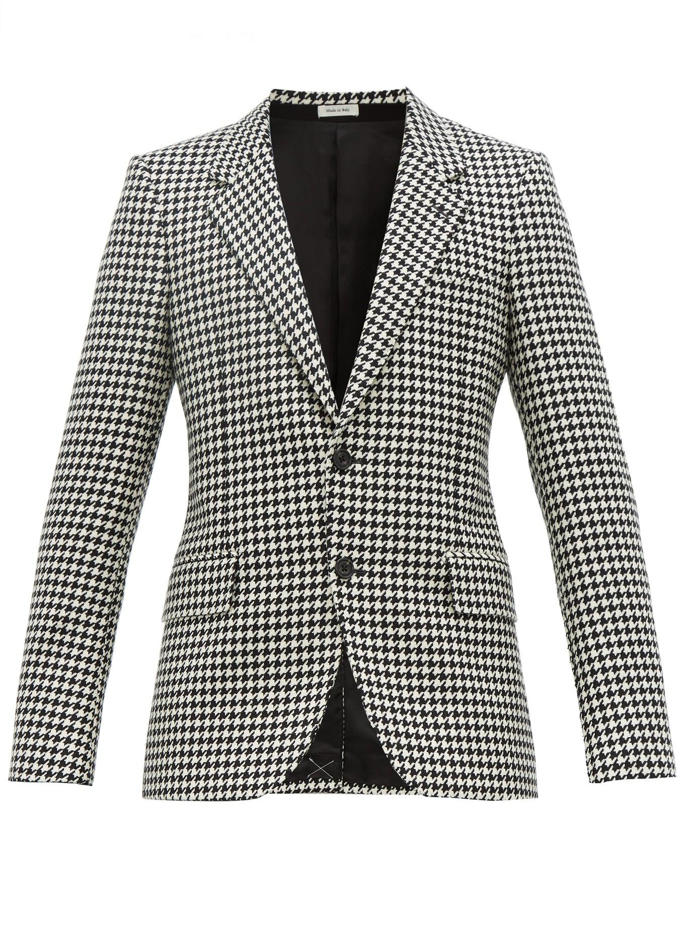 Alexander McQueen Single Breasted Houndstooth Wool Blazer in Black