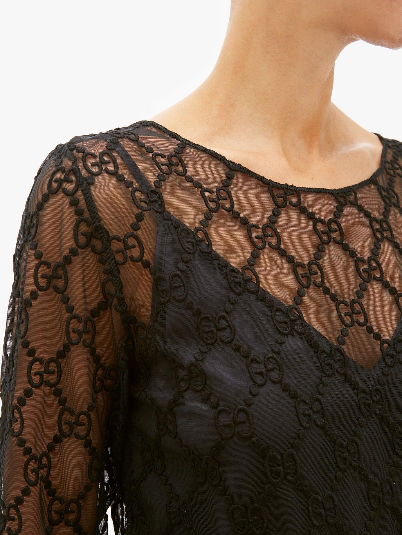 Gucci Gg-embroidered Mesh Long-sleeved Top in Black | Lyst