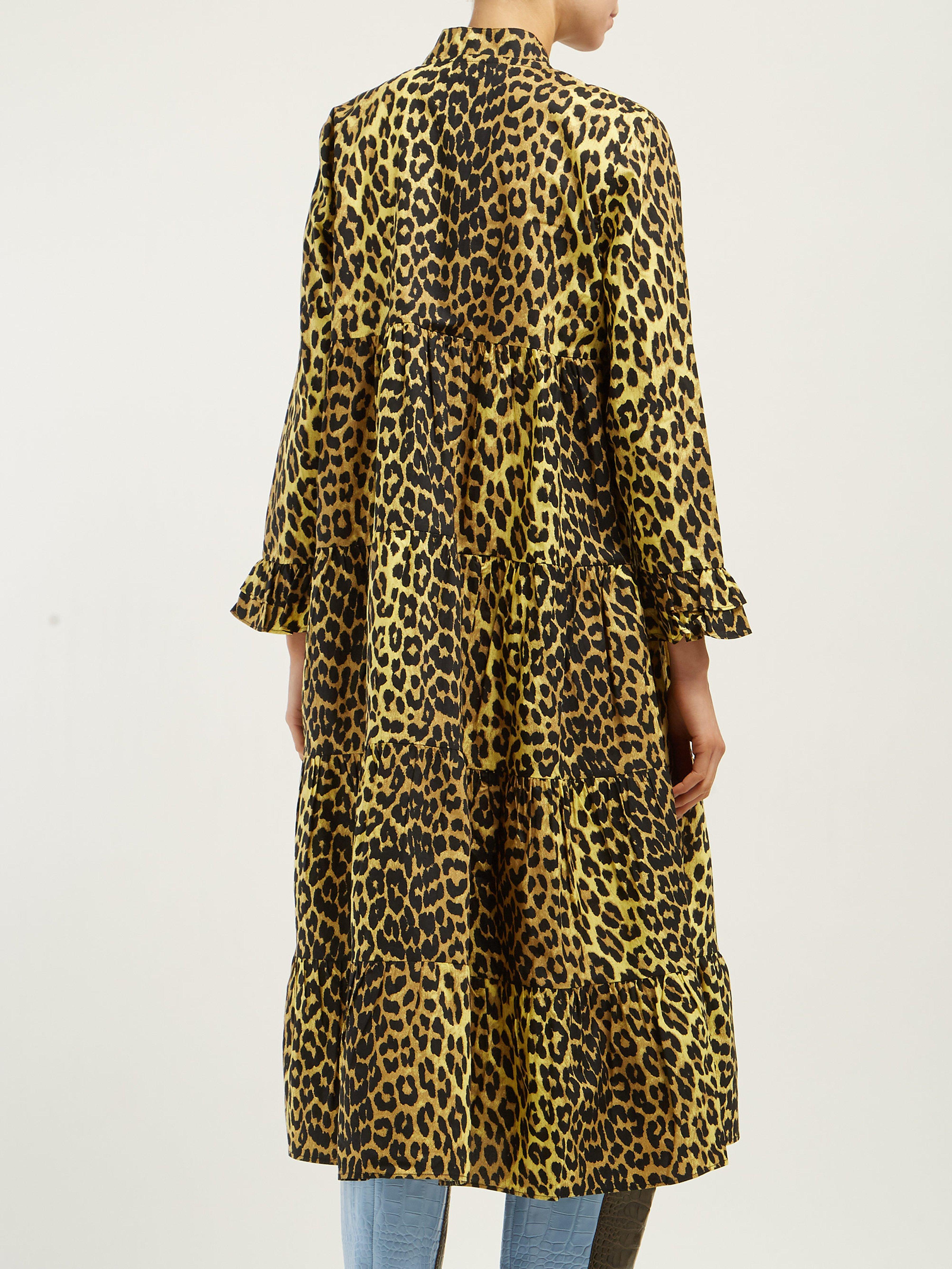 Ganni Bijou Leopard Print Cotton Midi Dress - Lyst