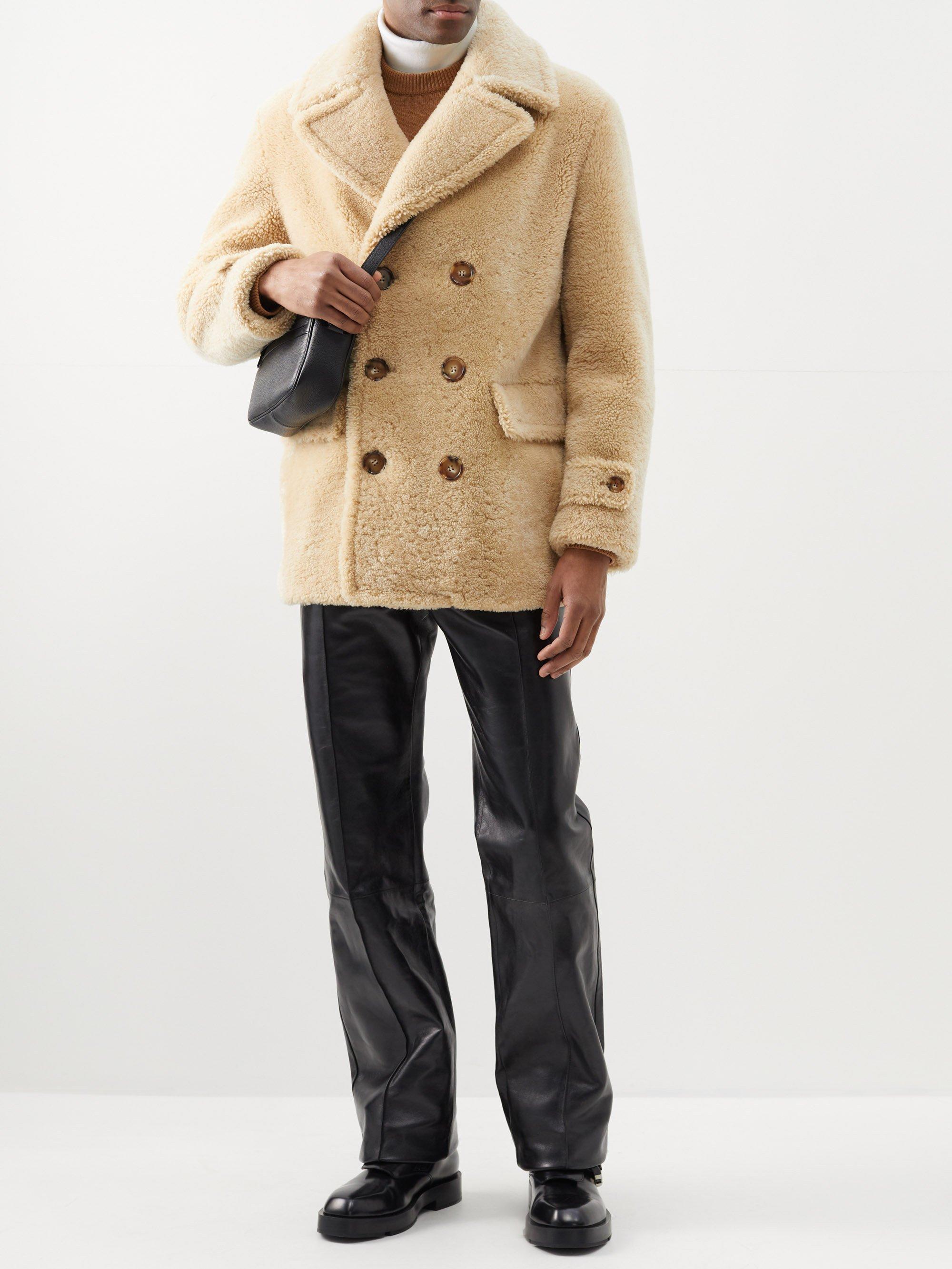 Burberry Double-breasted Shearling Peacoat in Natural for Men | Lyst