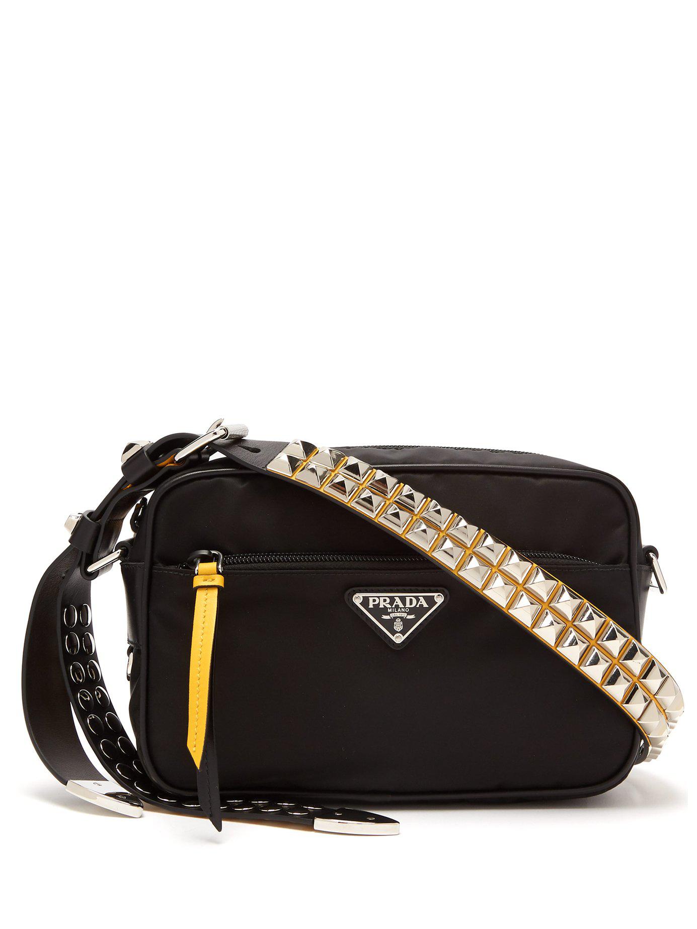 Prada Stud-embellished Strap Nylon Cross-body Bag in Black | Lyst