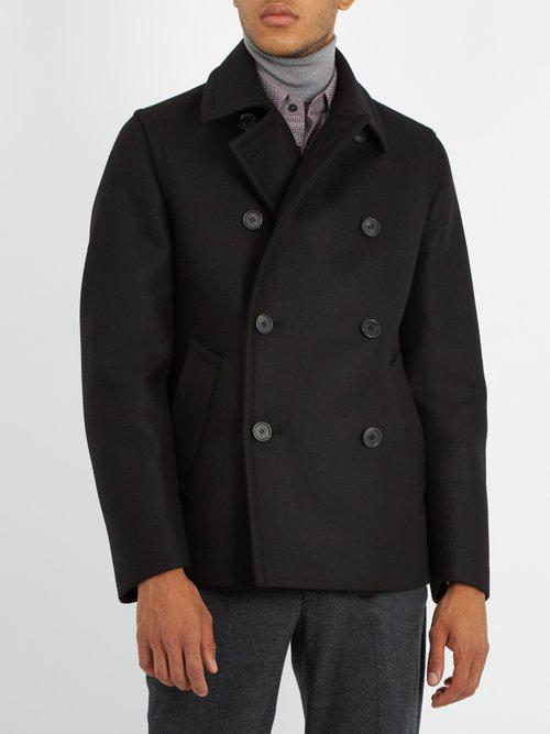 Prada Double-breasted Wool Pea Coat in Black for Men | Lyst