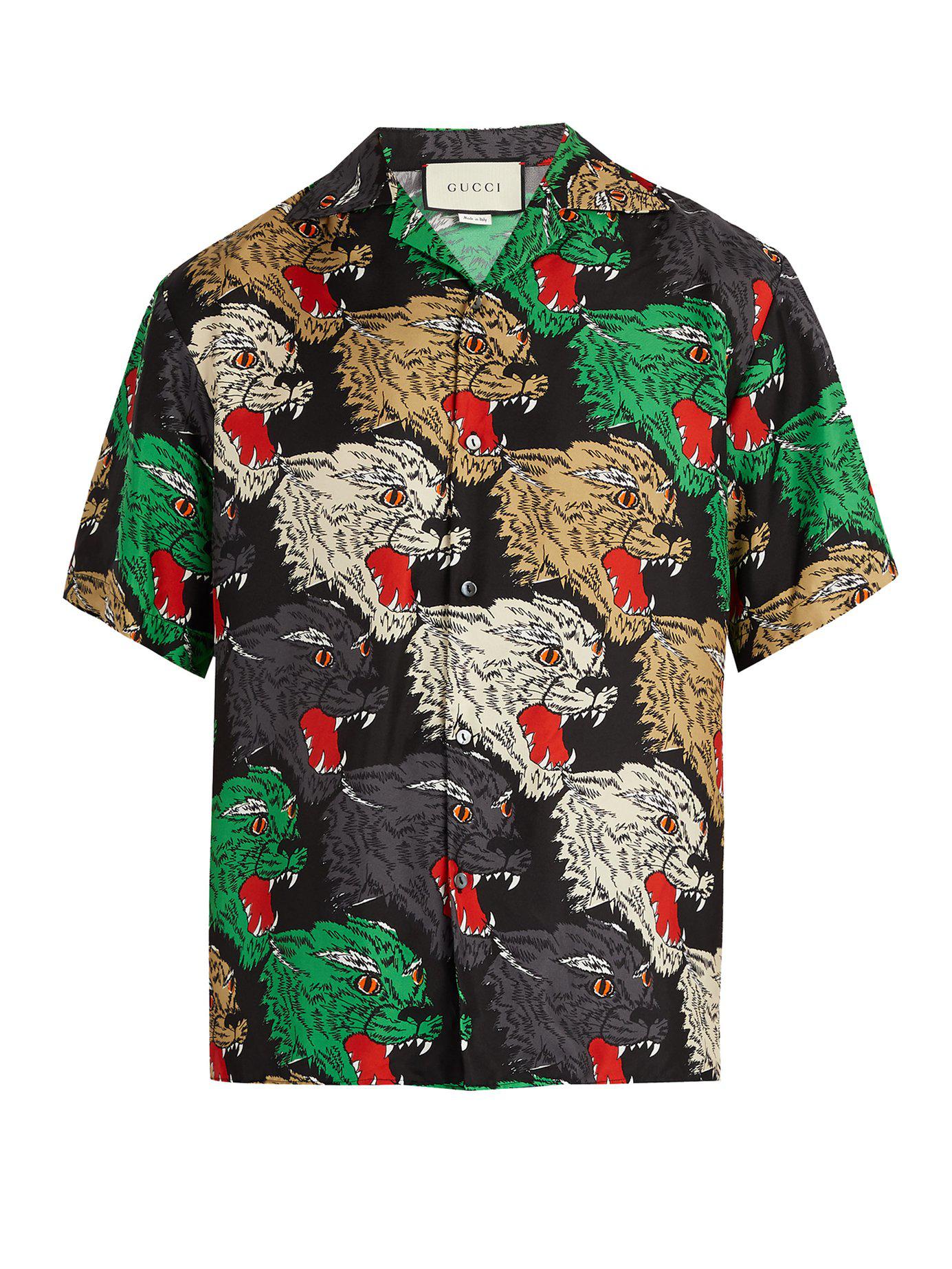 Gucci Angry Tiger-print Silk Bowling Shirt in Green for Men