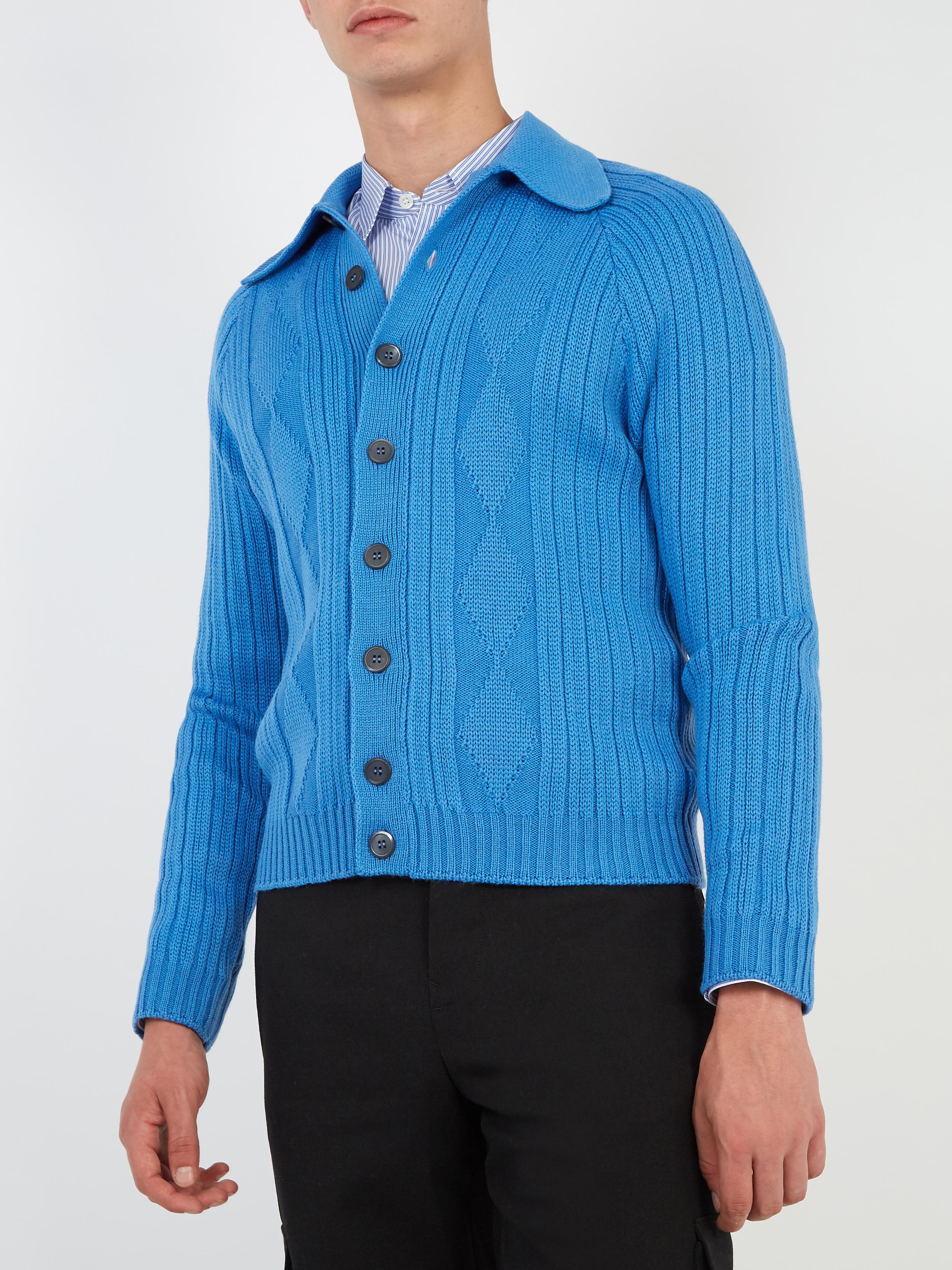 Prada Pointcollar Ribbed Wool Cardigan in Blue for Men Lyst