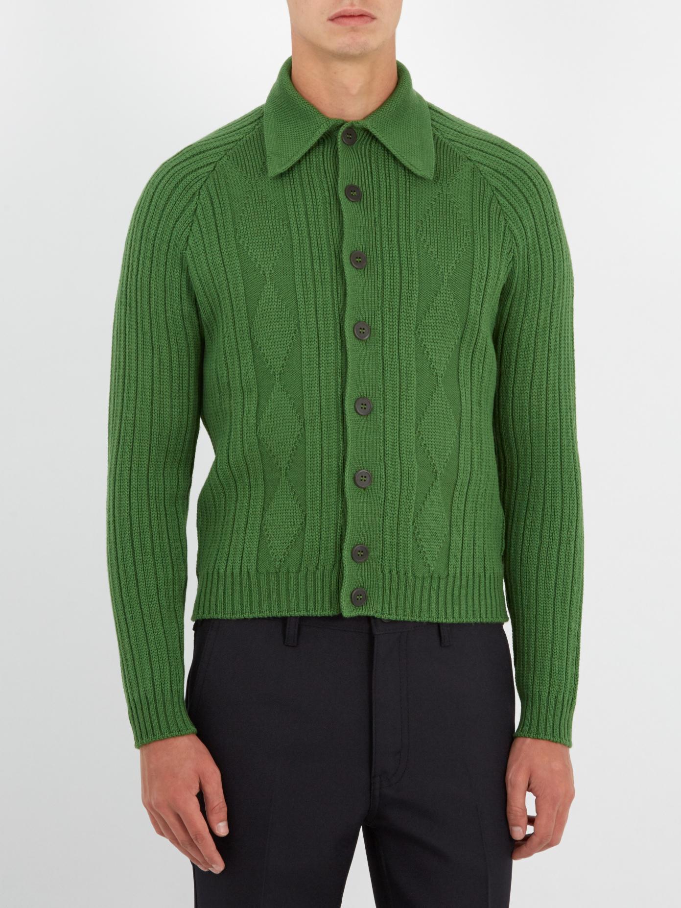 Prada Point-collar Ribbed-knit Wool Cardigan in Green for Men - Lyst