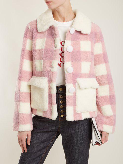 Saks Potts Leather Lucy Checked Shearling Jacket in Pink White (Pink) - Lyst