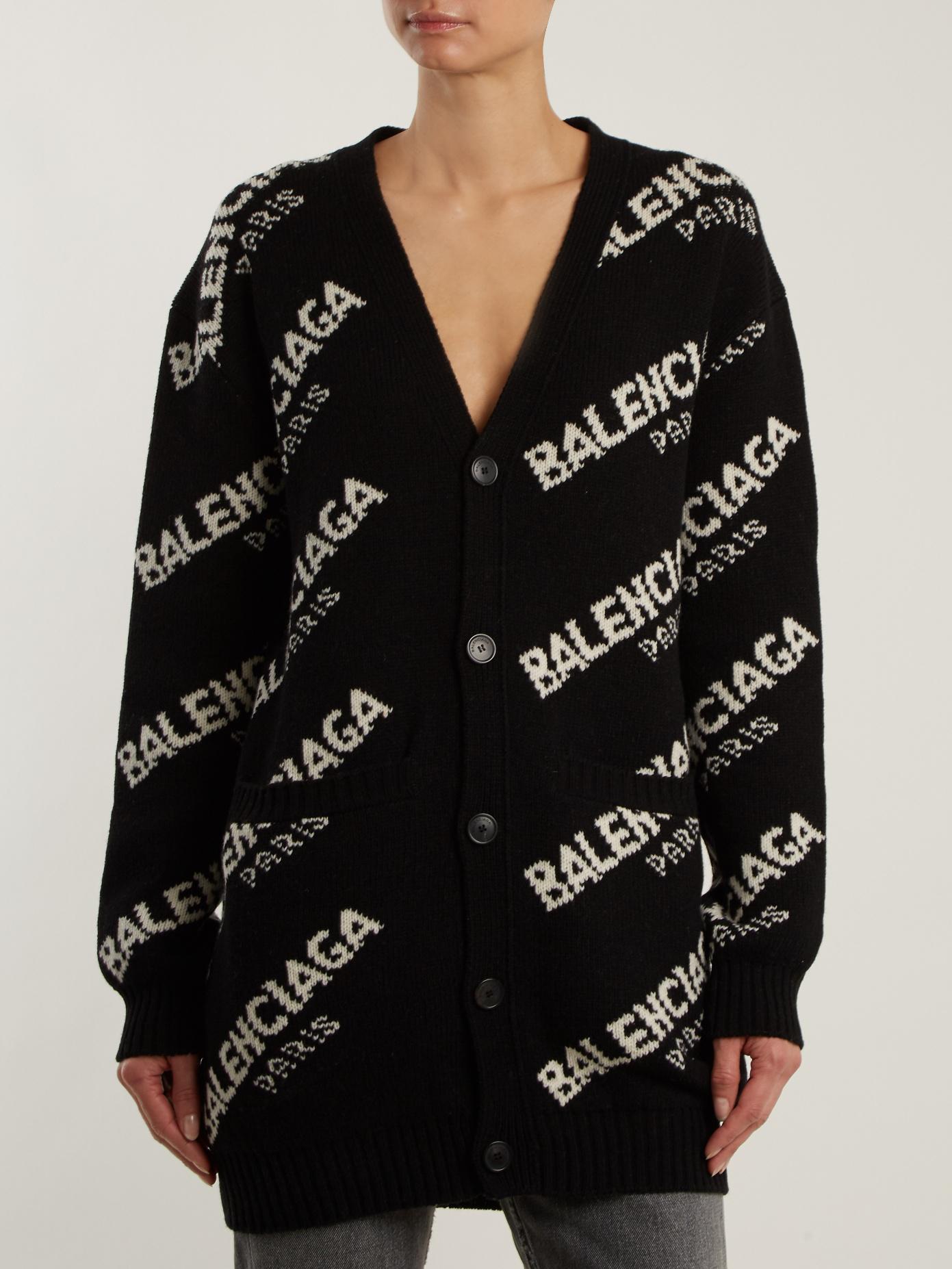 Balenciaga Long-sleeved Logo Cardigan in Black | Lyst