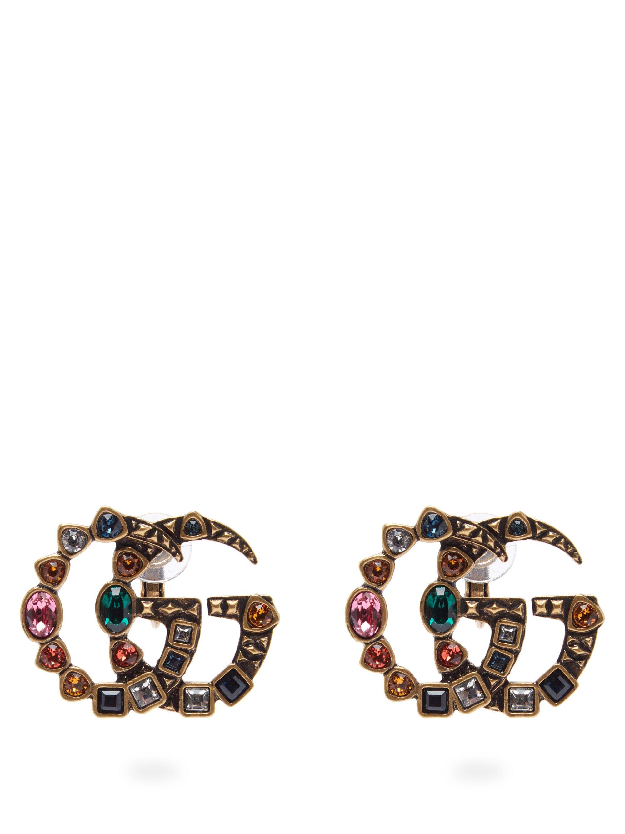 Gucci GG Crystal-embellished Antiqued Clip Earrings in Metallic | Lyst
