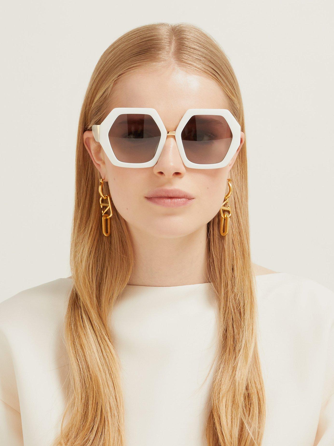 Valentino Hexagon Frame Acetate And Metal Sunglasses in White - Lyst