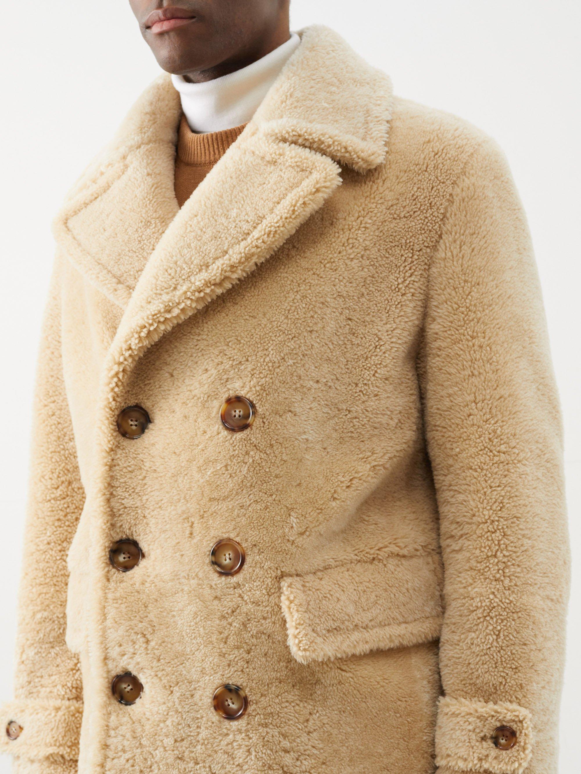 Burberry Double-breasted Shearling Peacoat in Natural for Men | Lyst