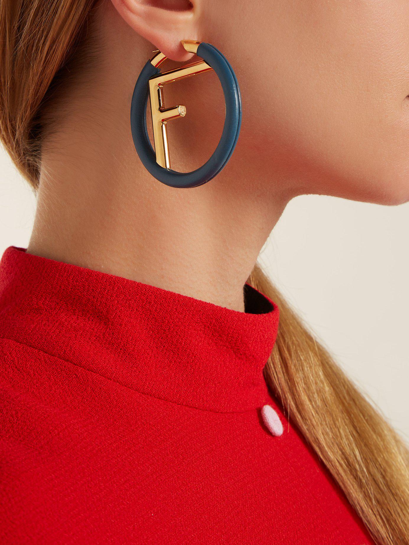 Fendi Logo Leather Hoop Earrings in Blue | Lyst