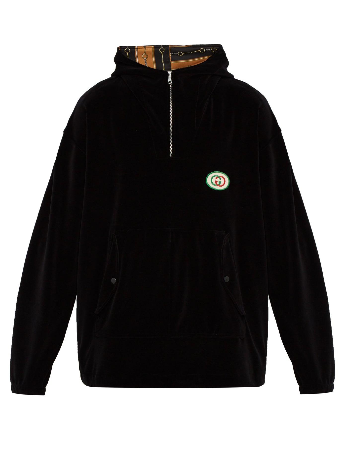 Gucci Logo Embroidered Velvet Hooded Sweatshirt in Black for Men - Lyst