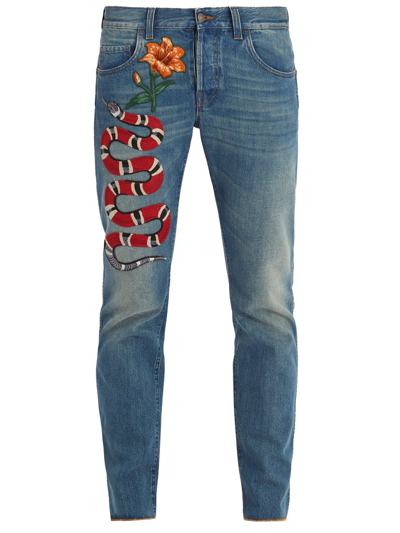 Denim And Flower-embroidered Tapered-leg in Blue for Men -