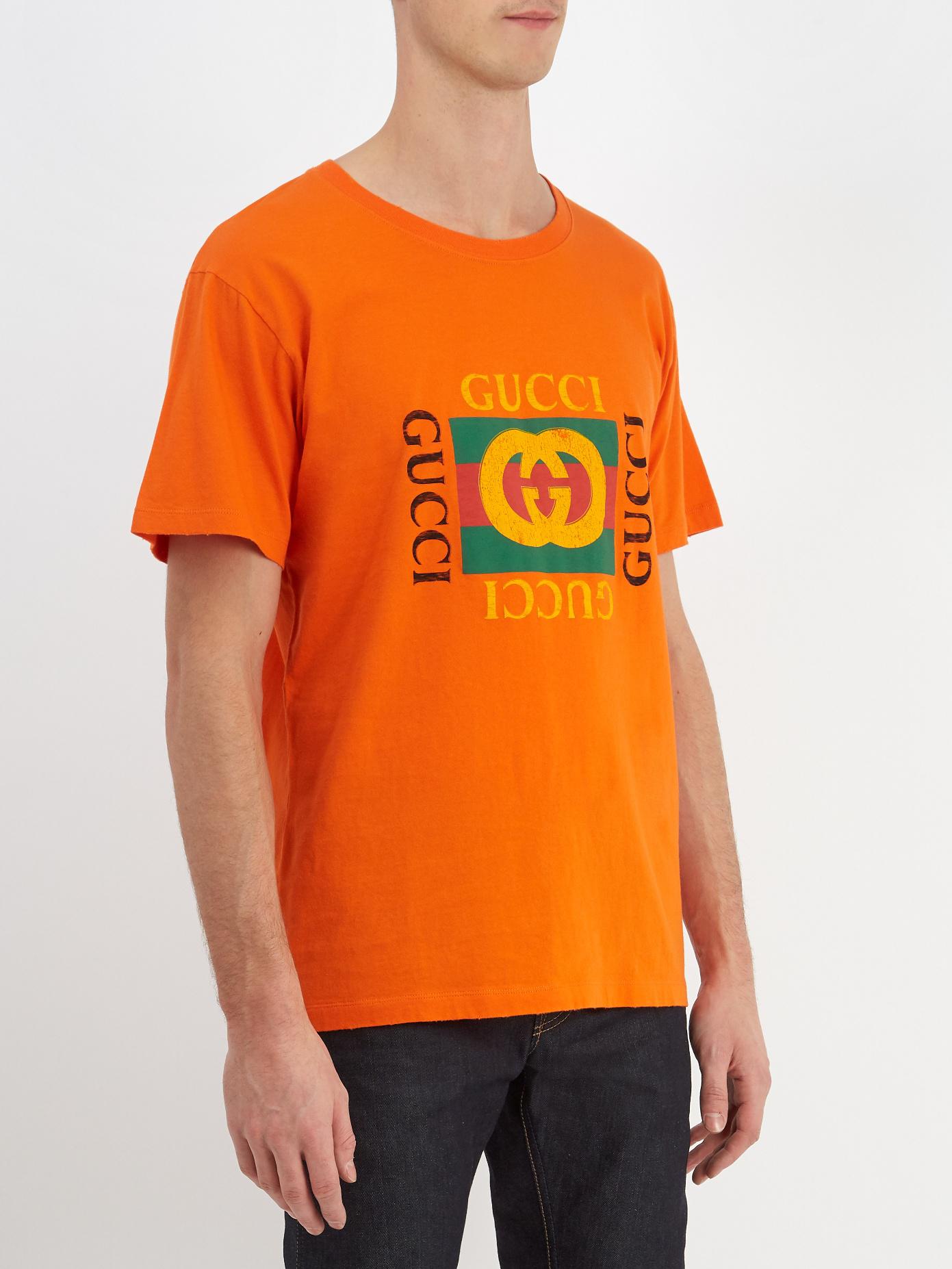 Gucci Logo Cotton T-shirt in Orange for Men - Lyst