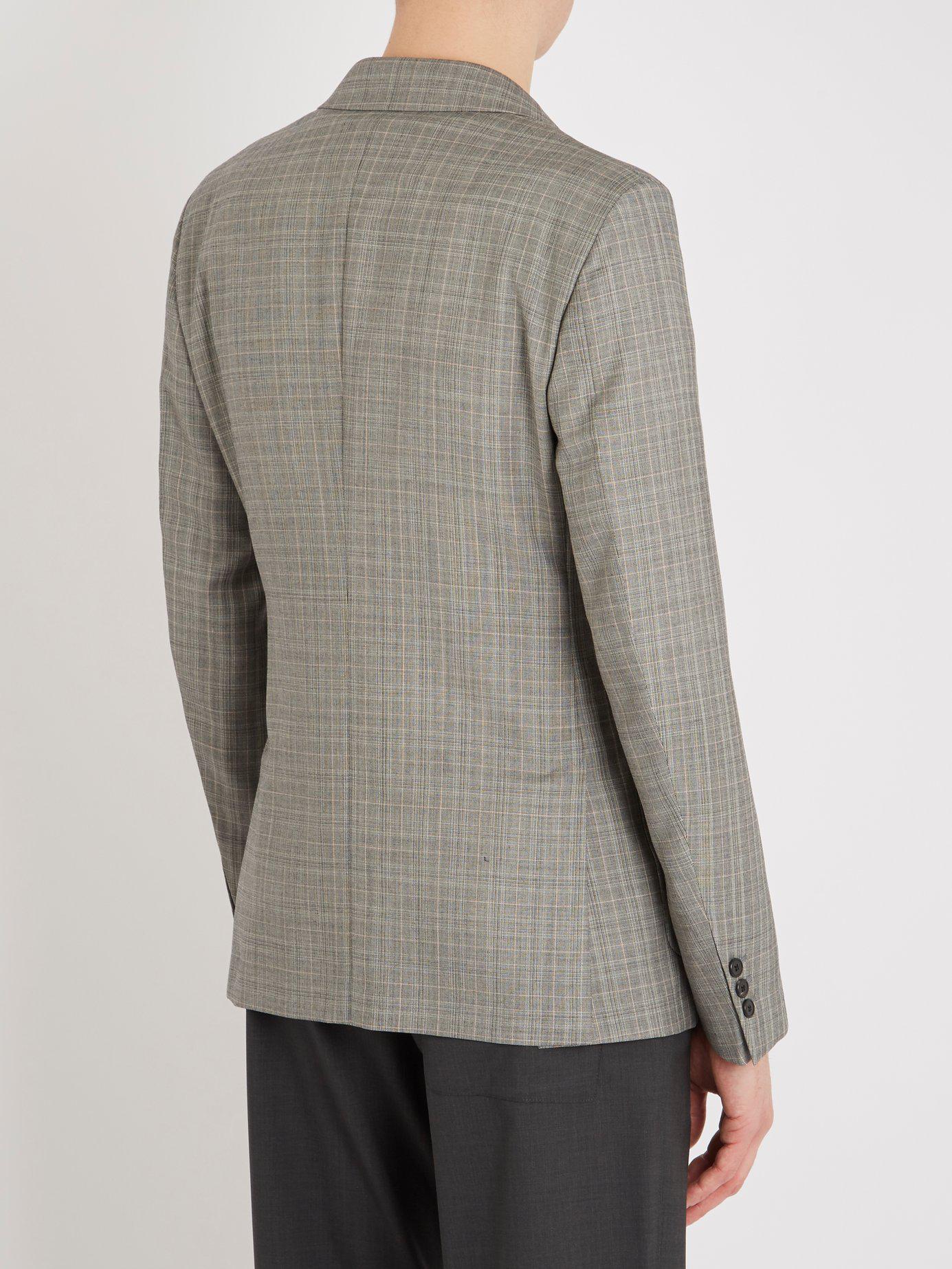 Prada Double Breasted Checked Wool Blend Blazer in Gray for Men - Lyst