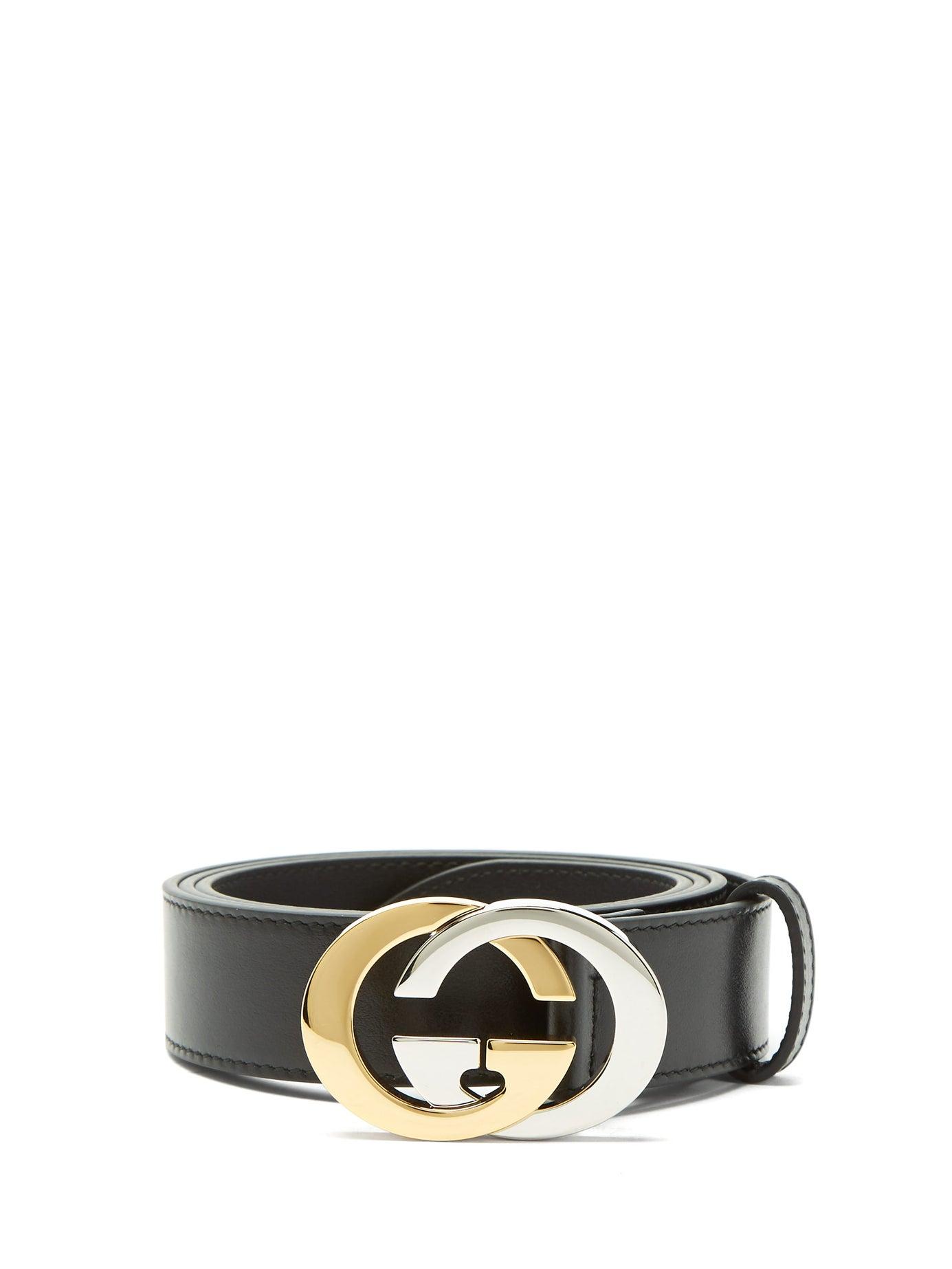 Gucci Two-tone Metal Interlocking G Leather Belt in Black for Men - Lyst