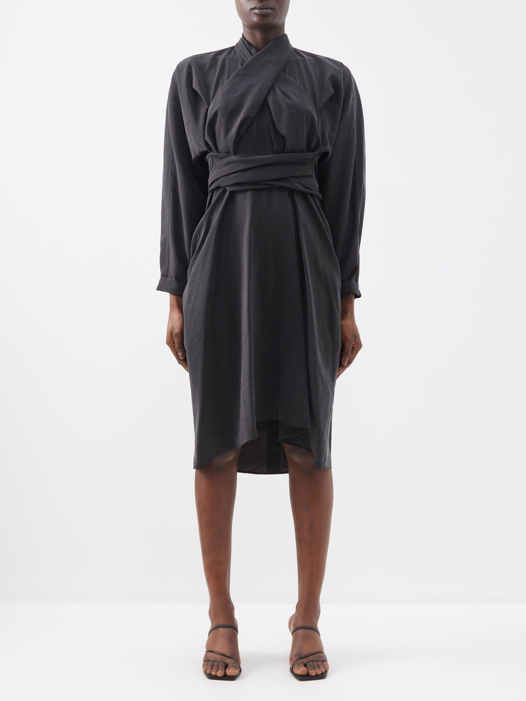 Lemaire Wrap Washed Silk-blend Midi Dress in Black | Lyst