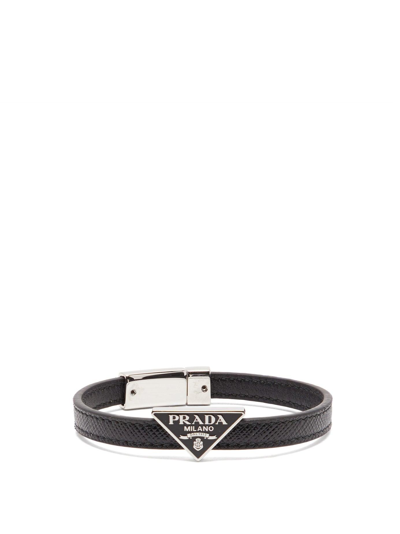 Prada Logo-plaque Saffiano-leather Bracelet in Black for Men | Lyst