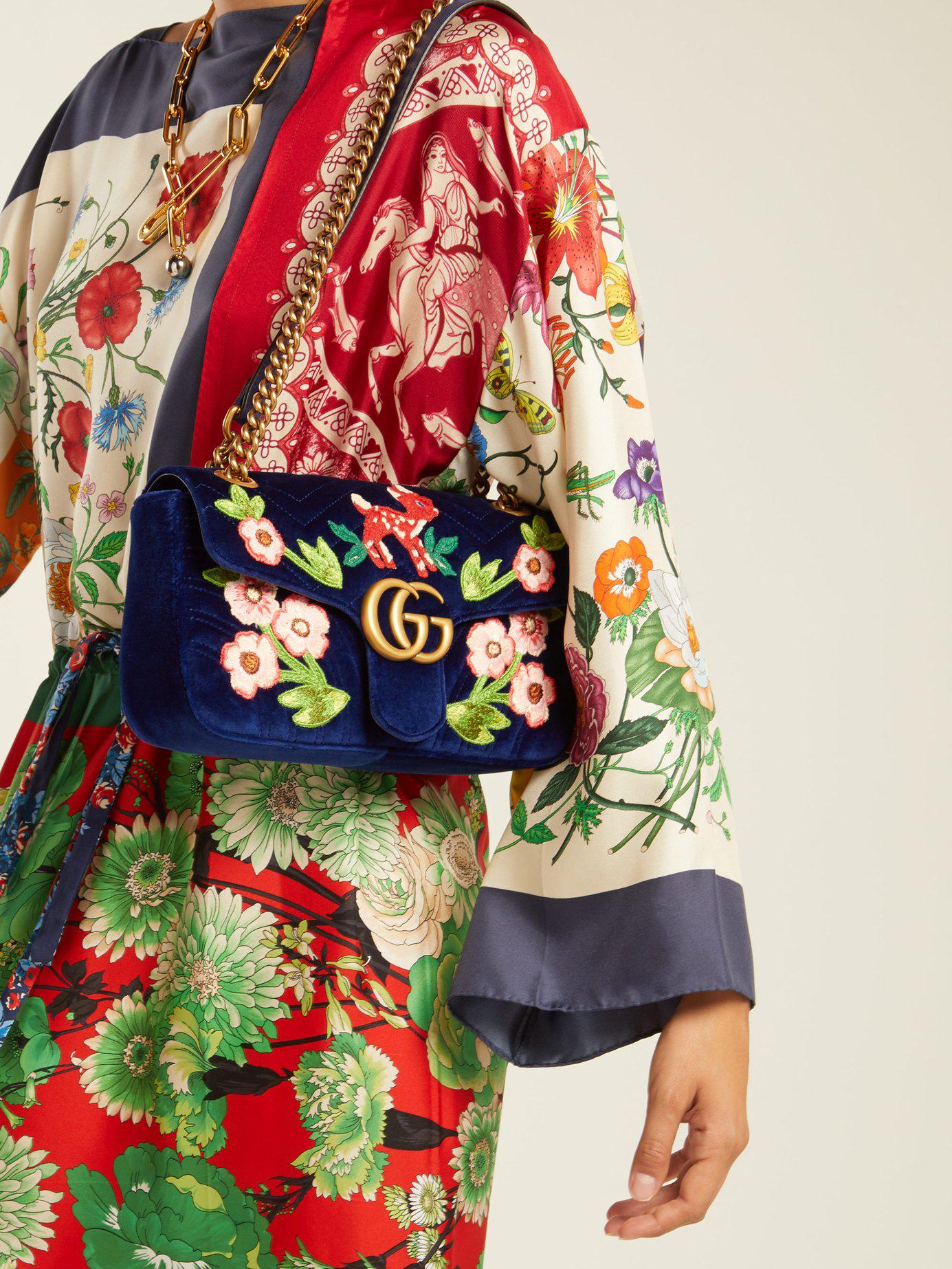Gucci Gg Marmont Embroidered Velvet Shoulder Bag in Blue - Lyst