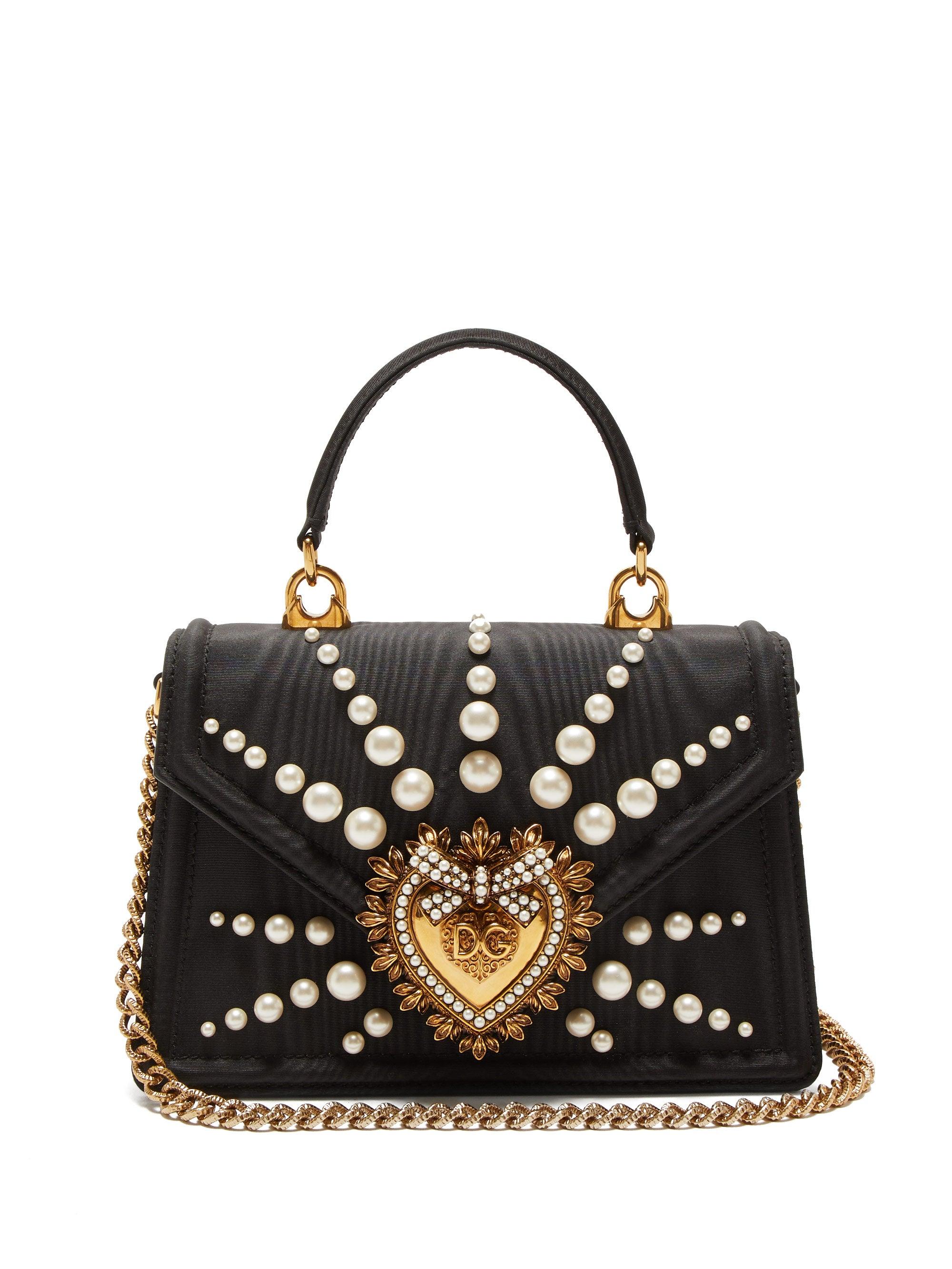 Dolce & Gabbana Devotion Faux Pearl-embellished Moire Bag in Black | Lyst