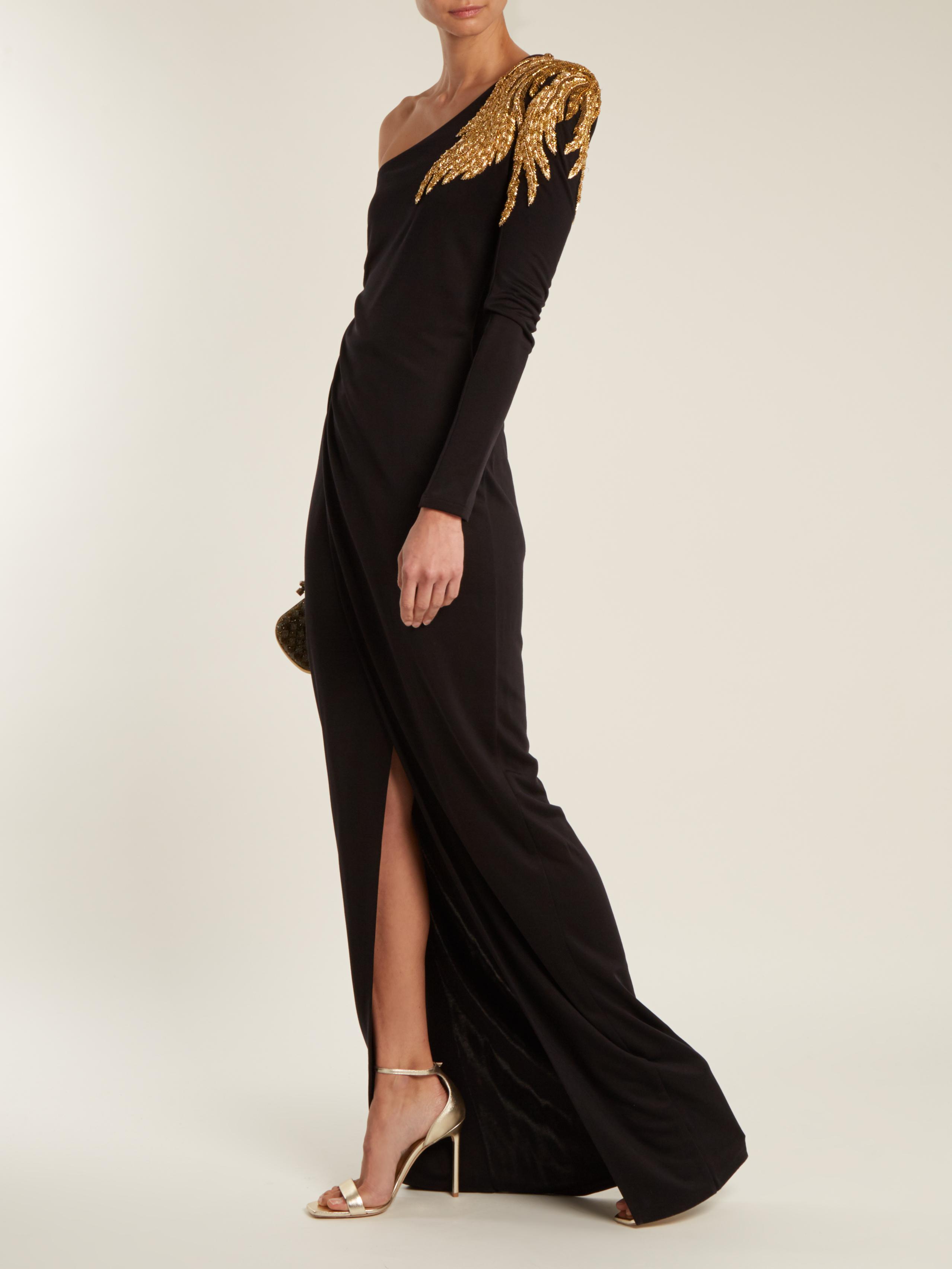 Balmain Cotton Embellished One-shoulder Gown in Black Gold (Black) | Lyst