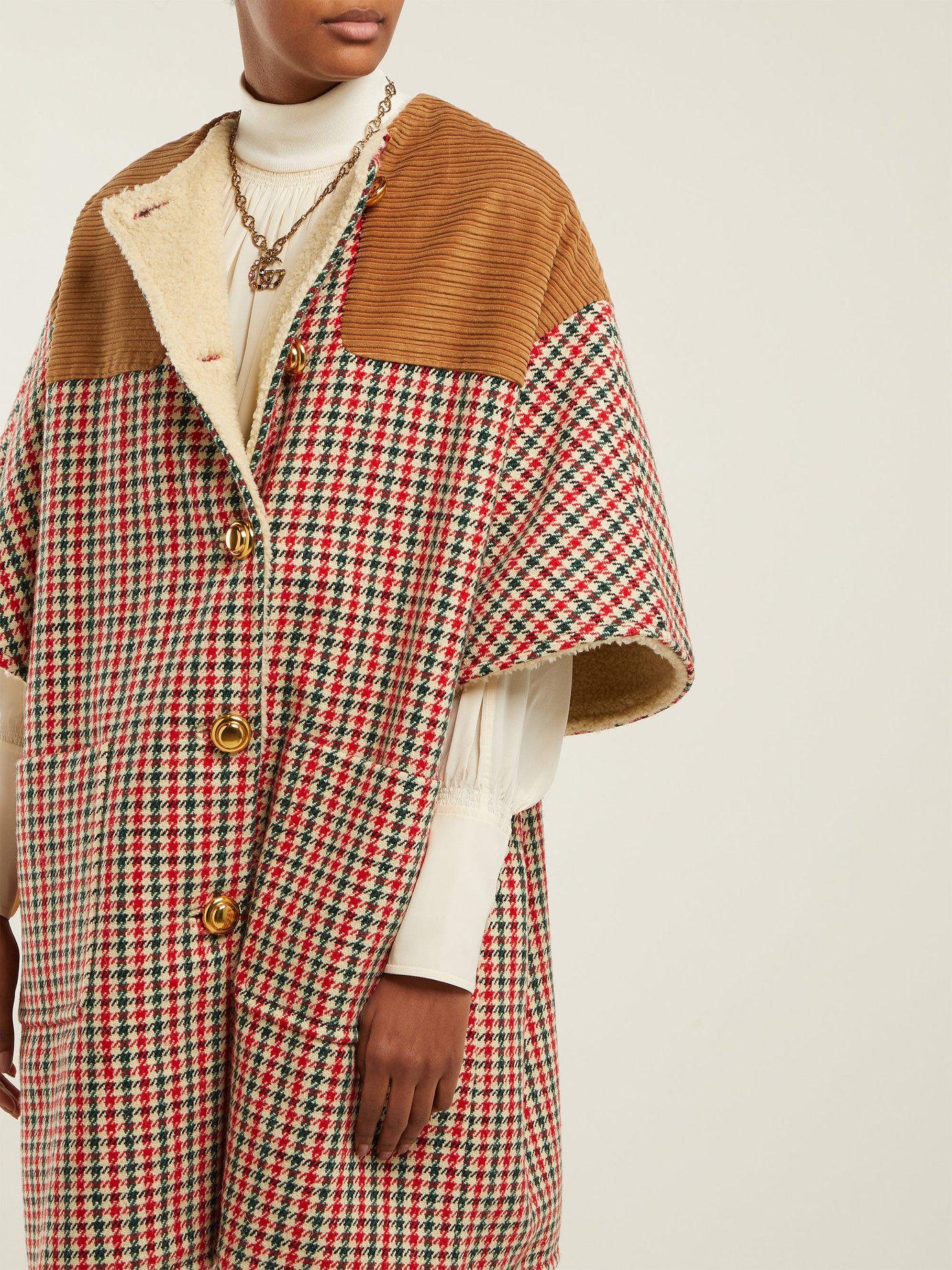 Gucci Cape Sleeve Houndstooth Wool Blend Coat | Lyst