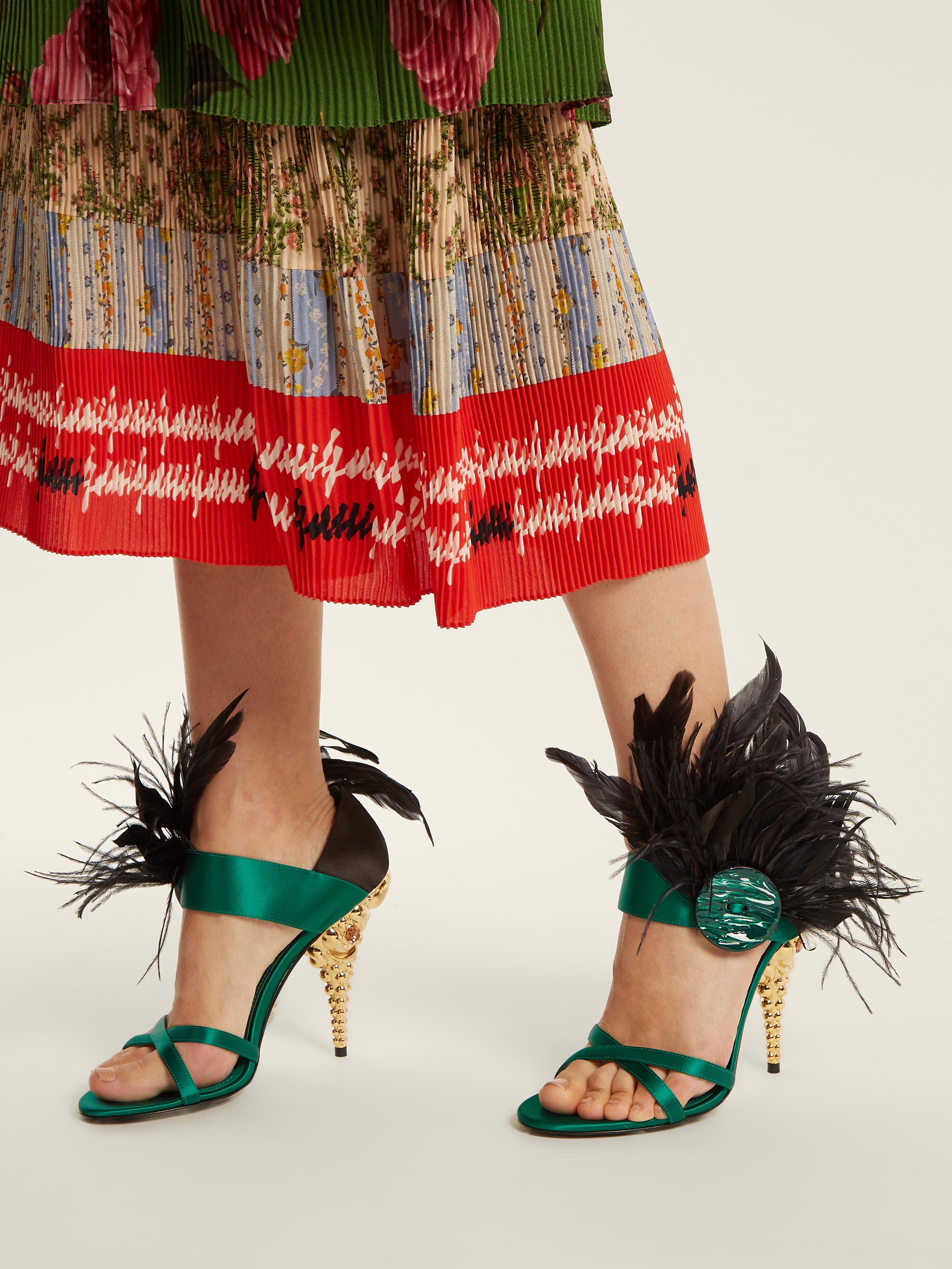 Prada Feather-embellished Satin Sandals in Green - Lyst