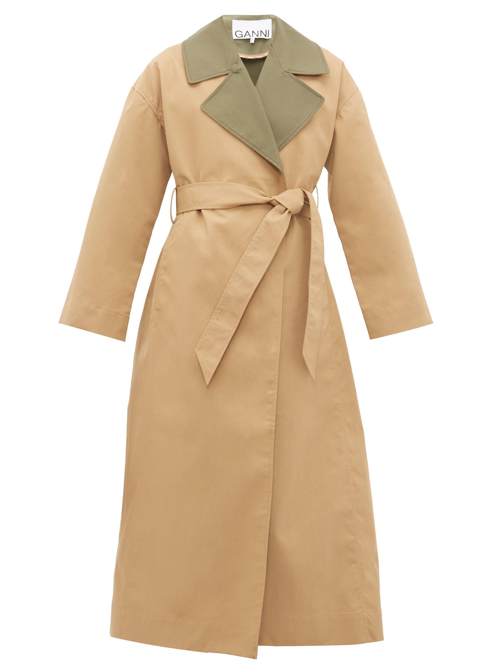 Ganni Contrast Collar Tie-waist Trench Coat in Natural | Lyst