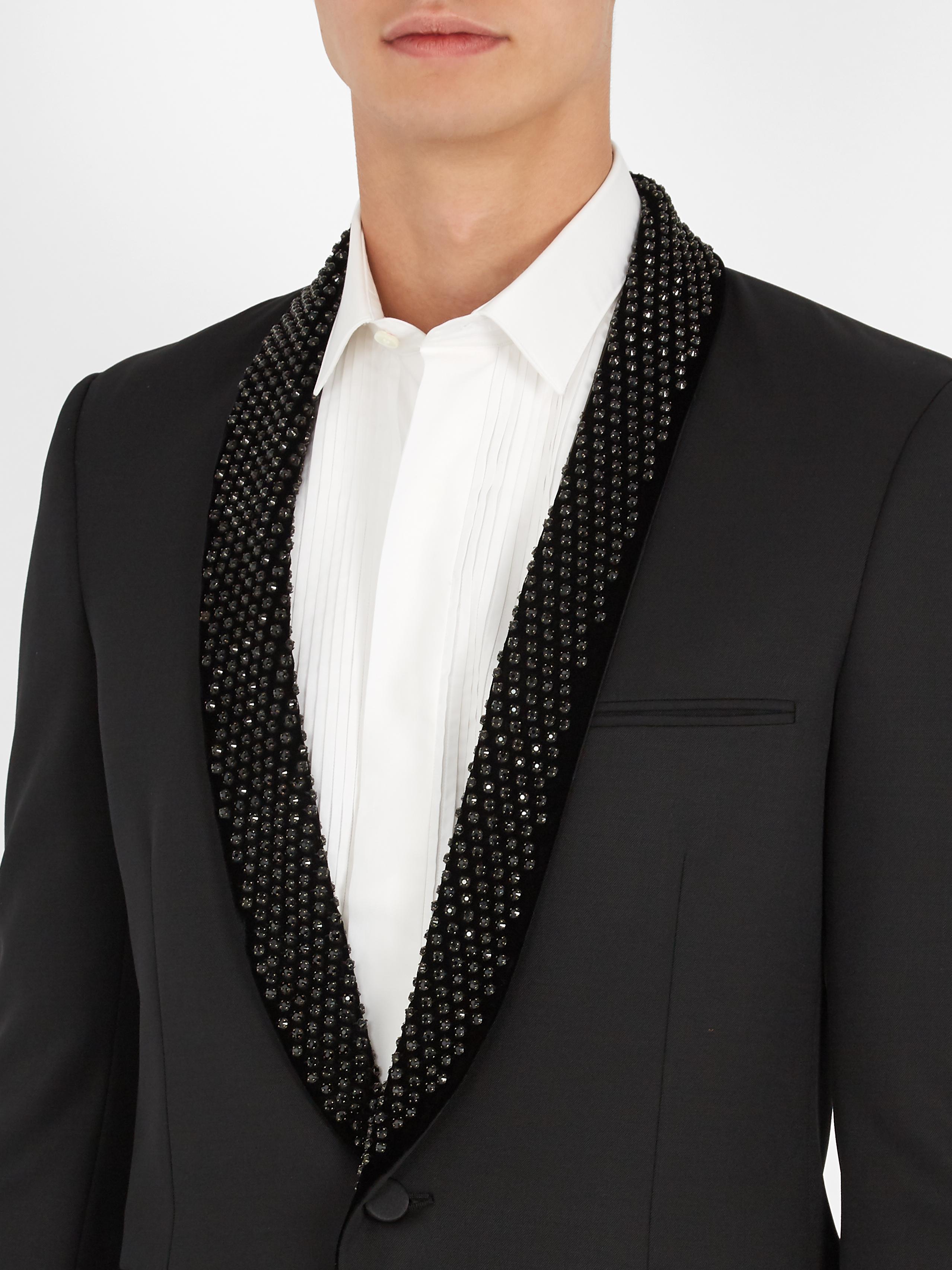 Saint Laurent Crystal embellished Wool Tuxedo Jacket in Black for
