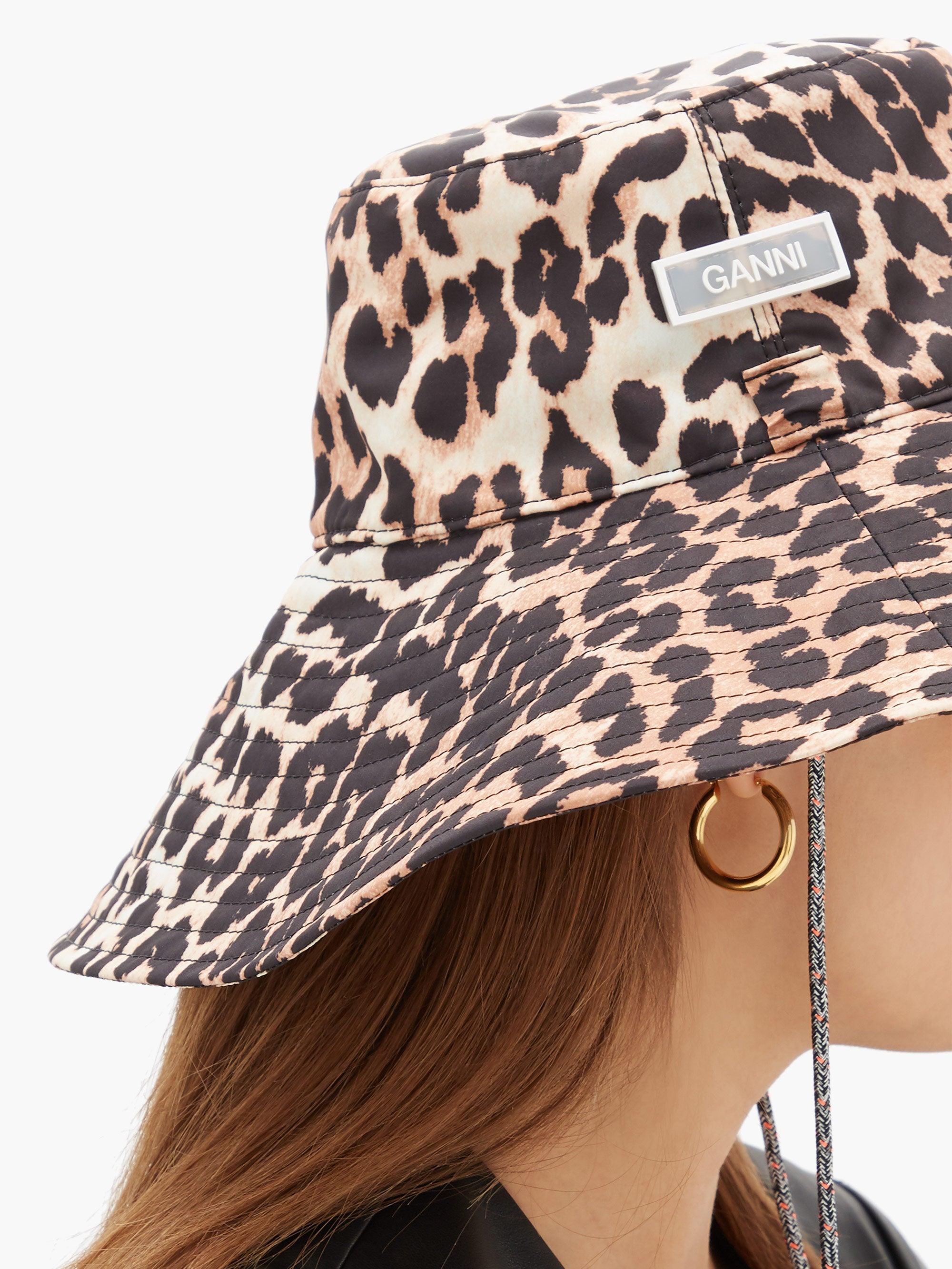 Ganni Satin Logo-patch Leopard-print Wide-brim Bucket Hat in Brown | Lyst  Australia