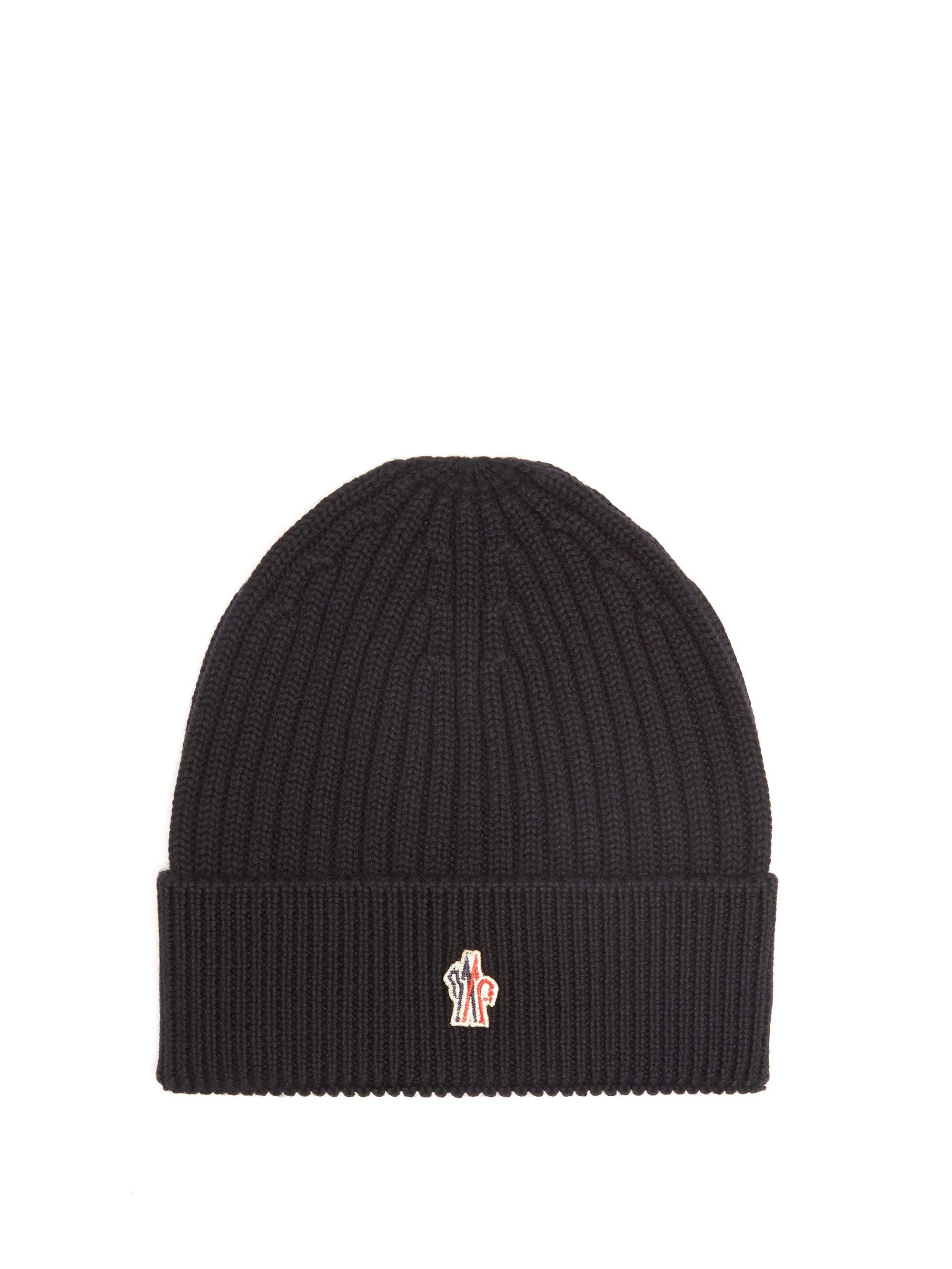 3 MONCLER GRENOBLE Logo-patch Ribbed Wool Beanie Hat in Black for Men ...