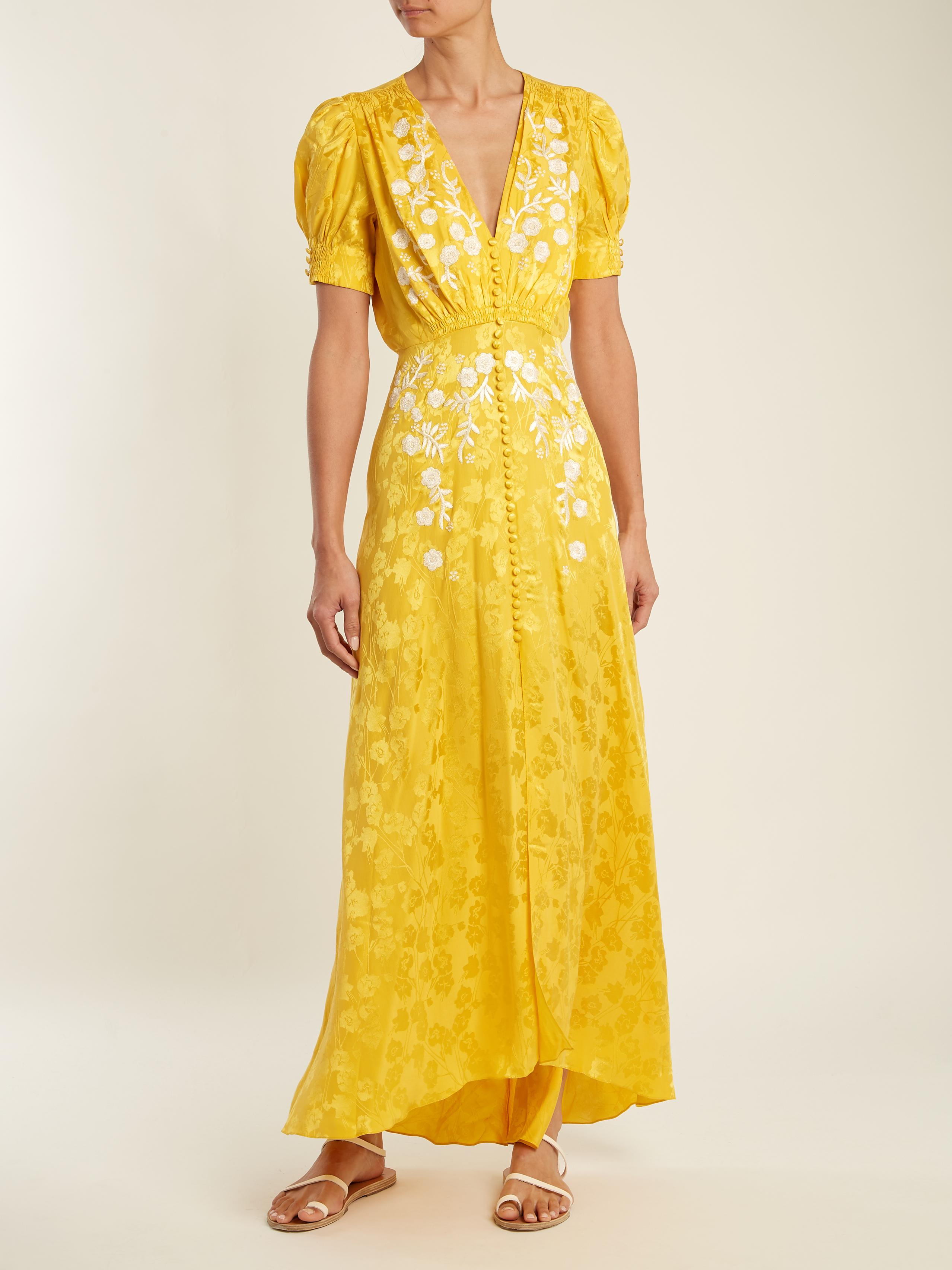 Saloni Lea Embroidered Floral-jacquard Silk Dress in Yellow - Lyst