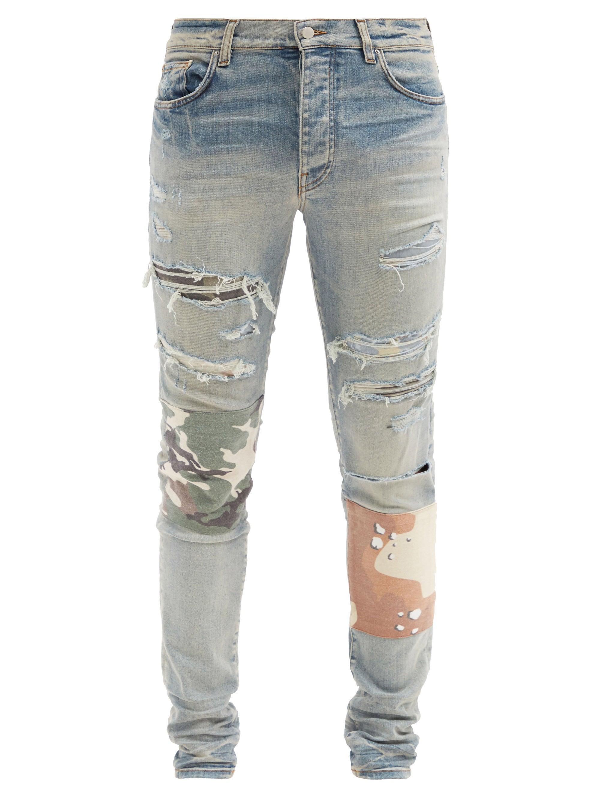 Amiri Camouflage-patch Distressed Slim-leg Jeans for Men | Lyst