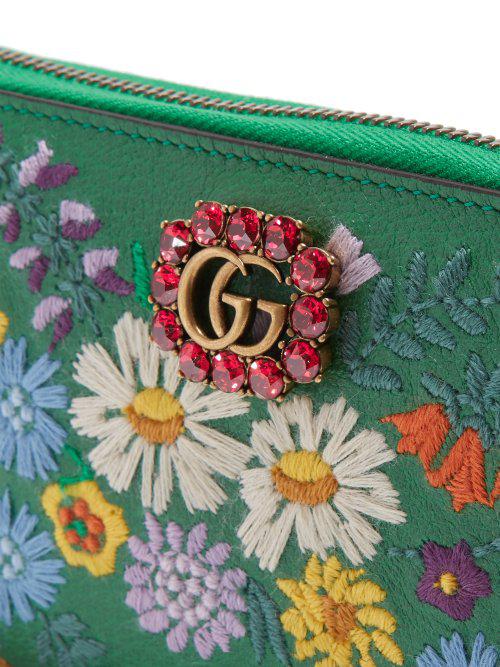 Gucci Floral-embroidered Gg Leather Wallet in Green | Lyst