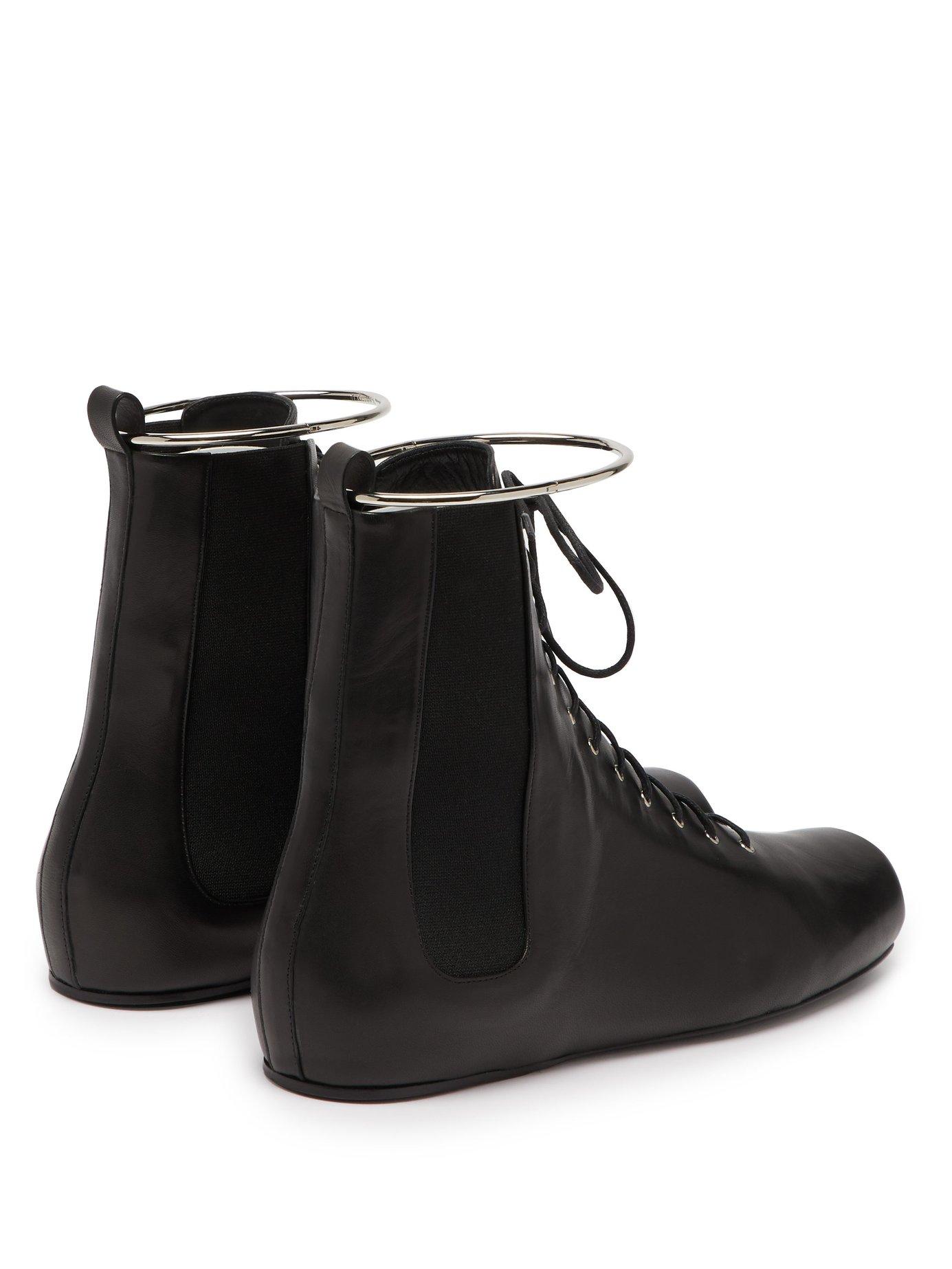 Jil Sander Satin Combat Ring Detail Lace Up Leather Boots in Black - Lyst