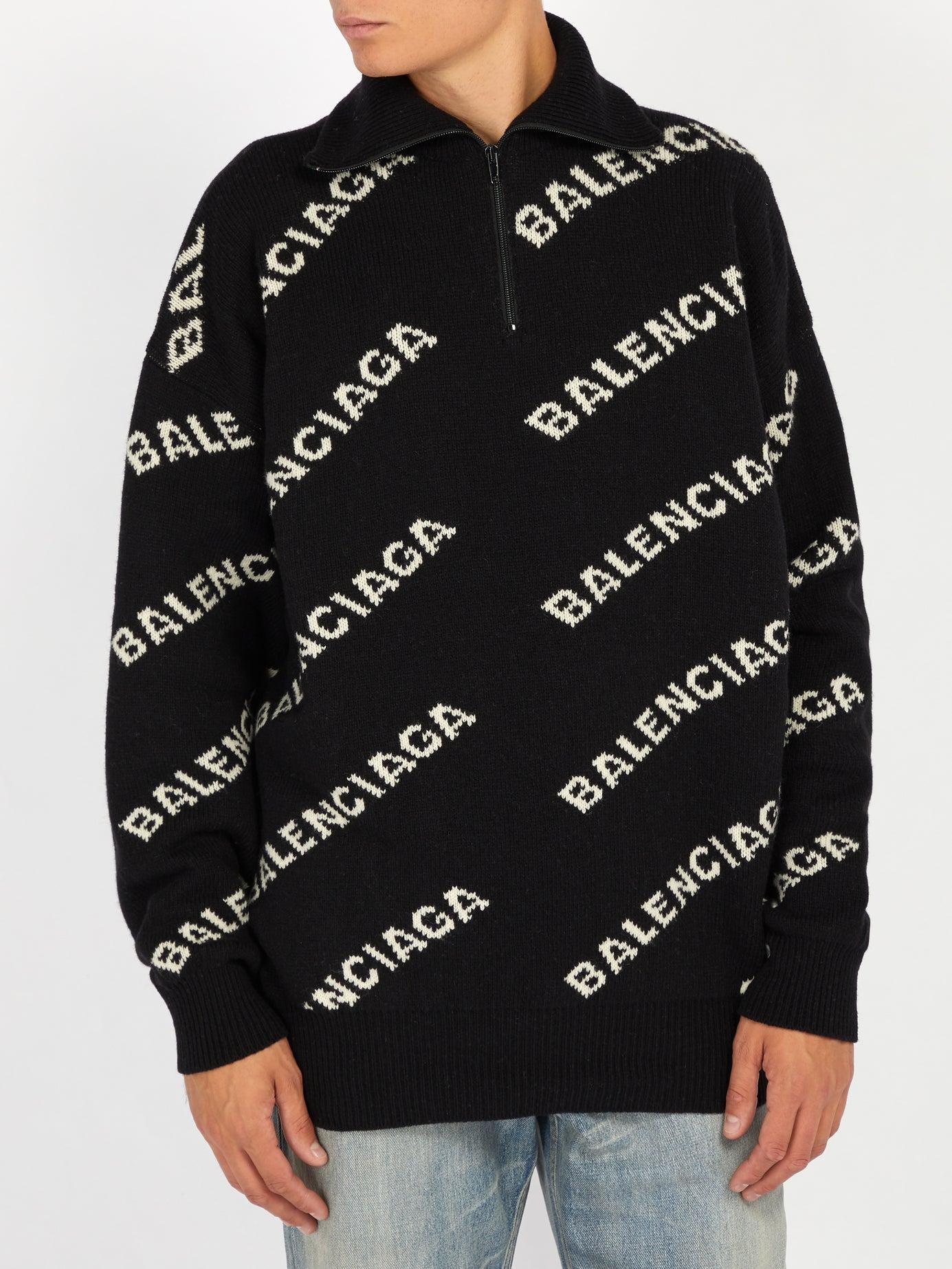 Balenciaga Wool Intarsia-logo Half-zip Sweater in Black White (Black) for  Men | Lyst