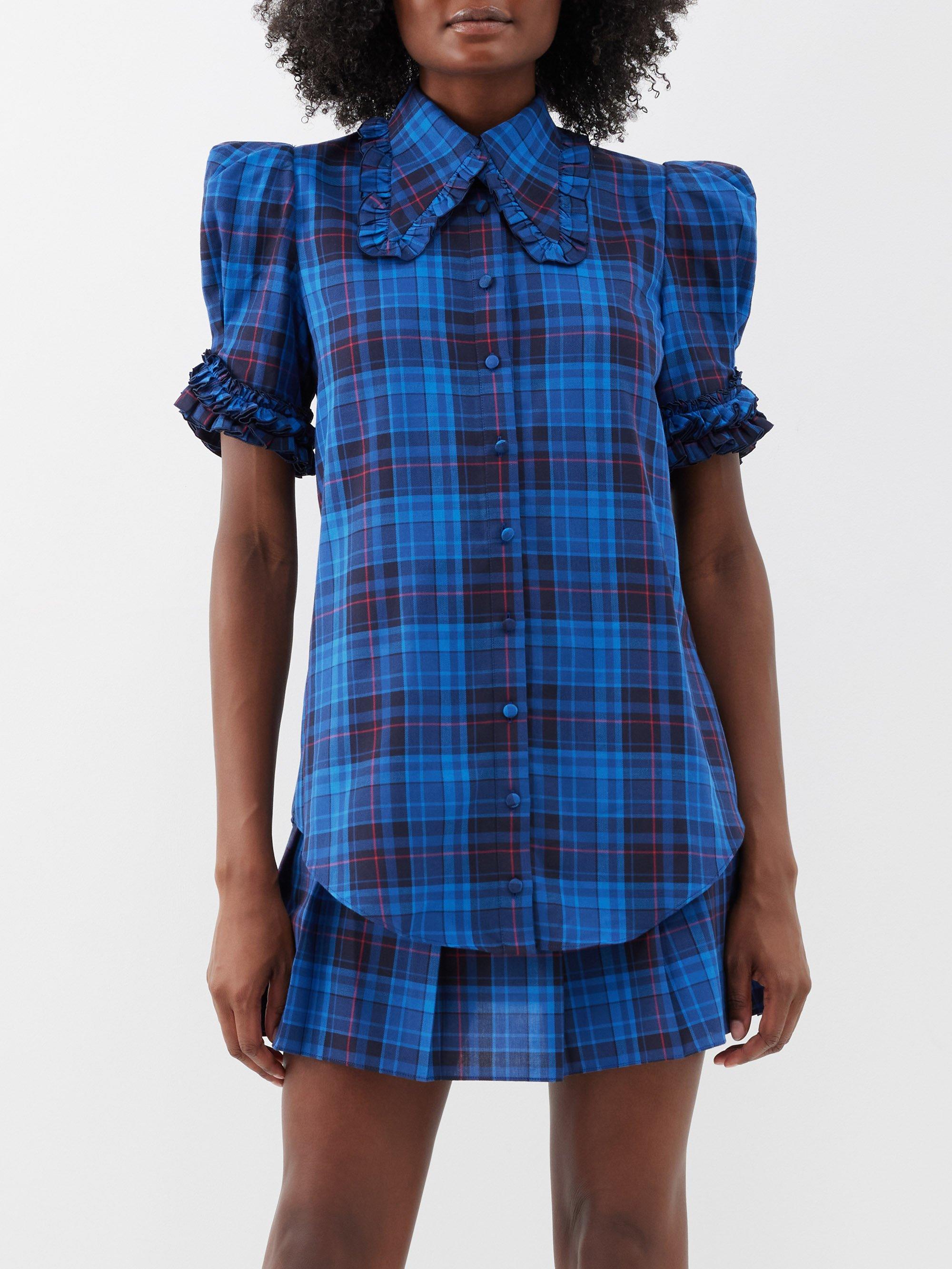 The Vampire's Wife The Garland Ruffled Tartan Cotton Blouse in Blue | Lyst