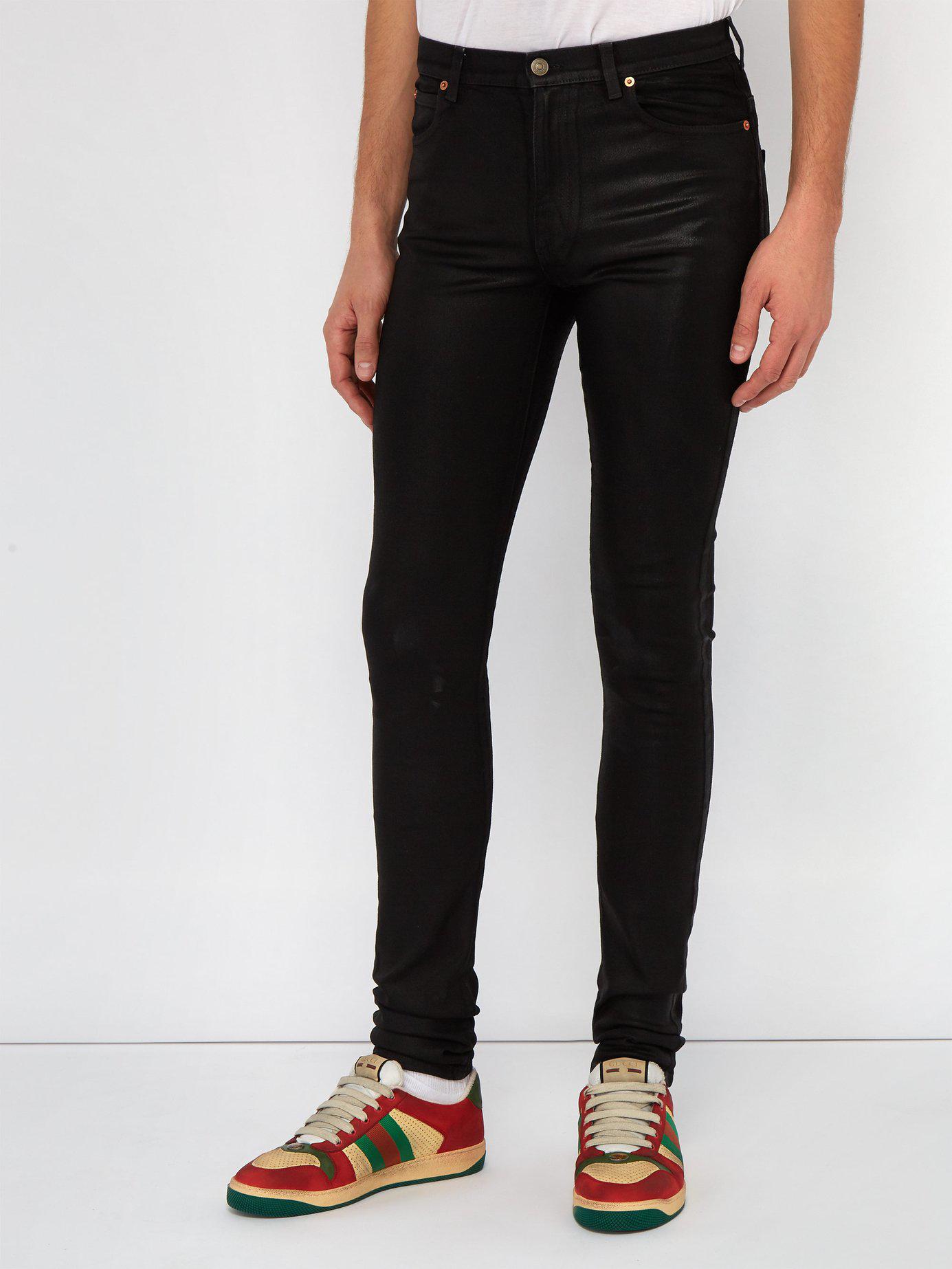 Gucci Logo Patch Skinny Fit Coated Denim Jeans in Black for Men | Lyst