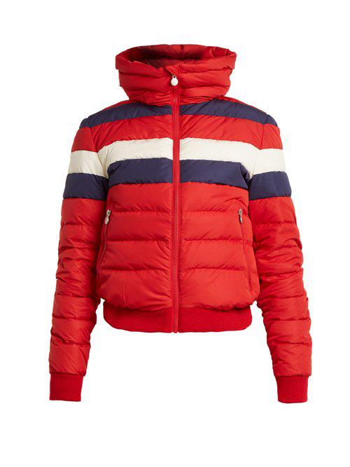 Perfect Moment Queenie Striped Quilted Down Ski Jacket in Red
