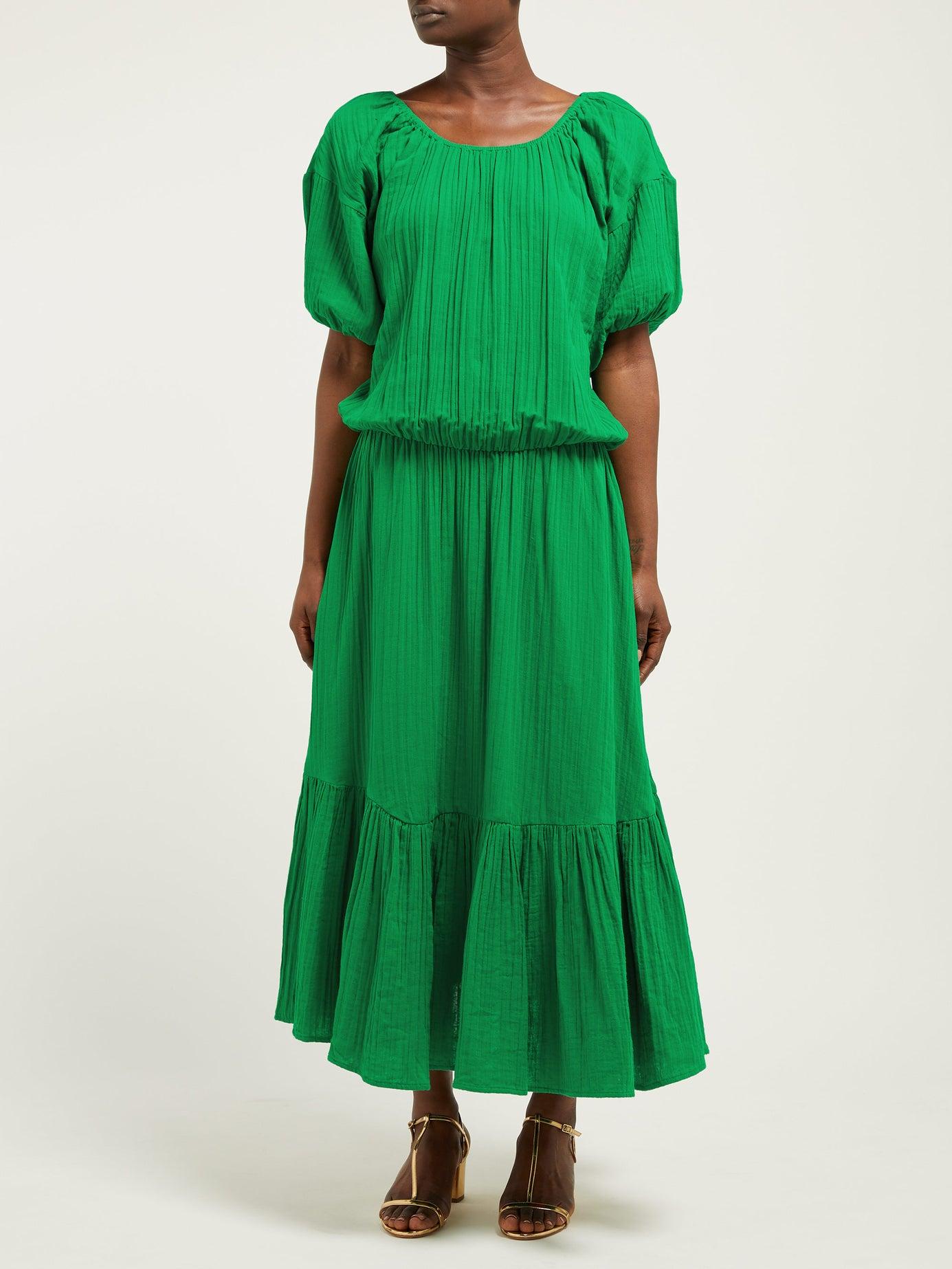 RHODE Frida Puffed-sleeve Tiered Cotton Dress in Green - Lyst