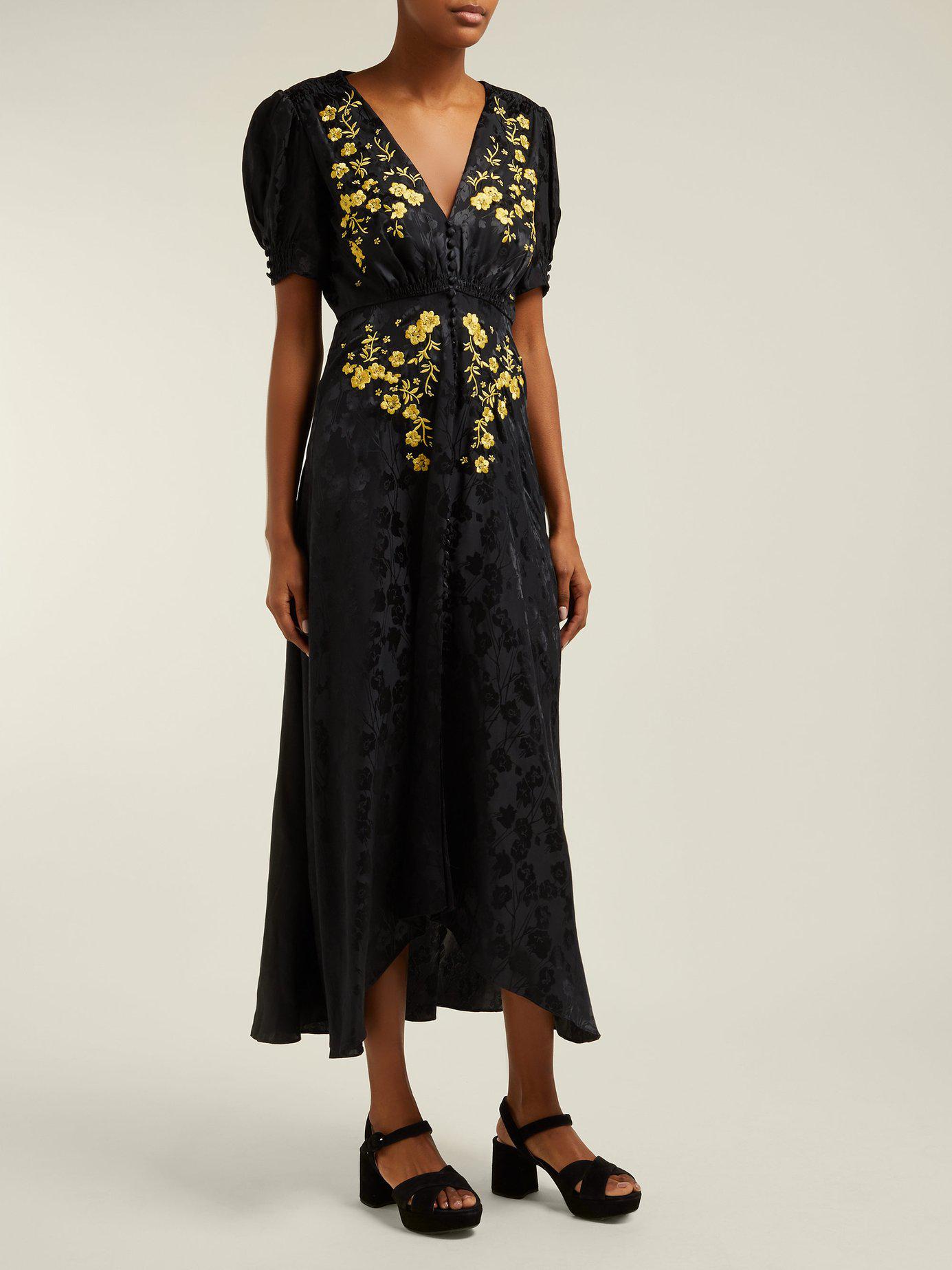 Saloni Lea Floral Embroidered Silk Dress in Black Gold (Black) Lyst