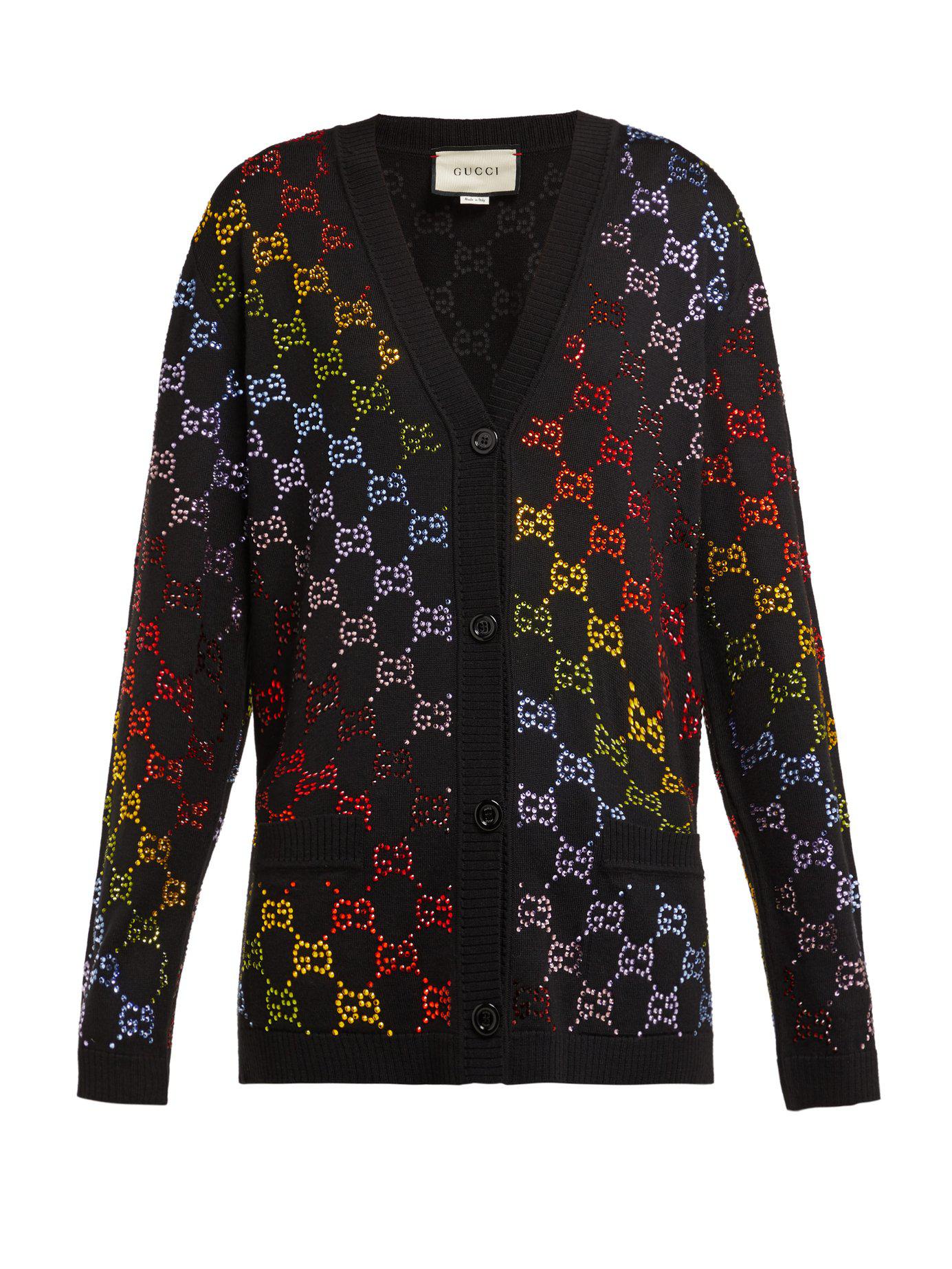 Gucci Wool Cardigan With GG Rhinestone Motif in Black | Lyst