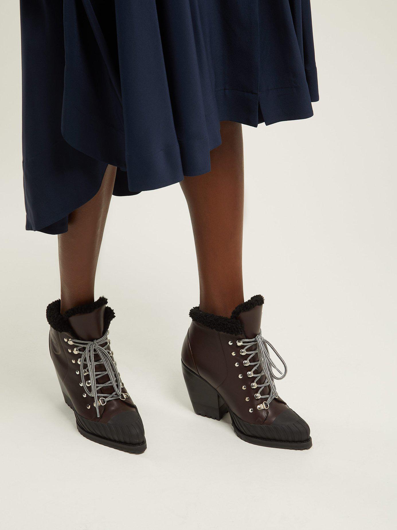 Chloé Shearling Lined Leather Ankle Boots in Brown - Lyst